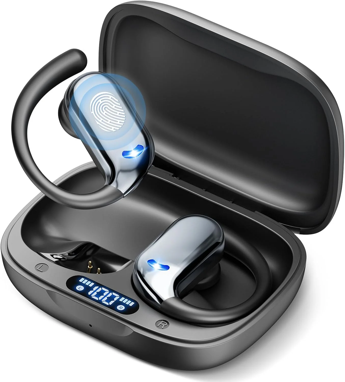 Wireless Earbuds Bluetooth Headphones 80hrs Playback Ear Buds Power Display with Noise Canceling Mic with Earhooks for Sports/Workout/Running, Black