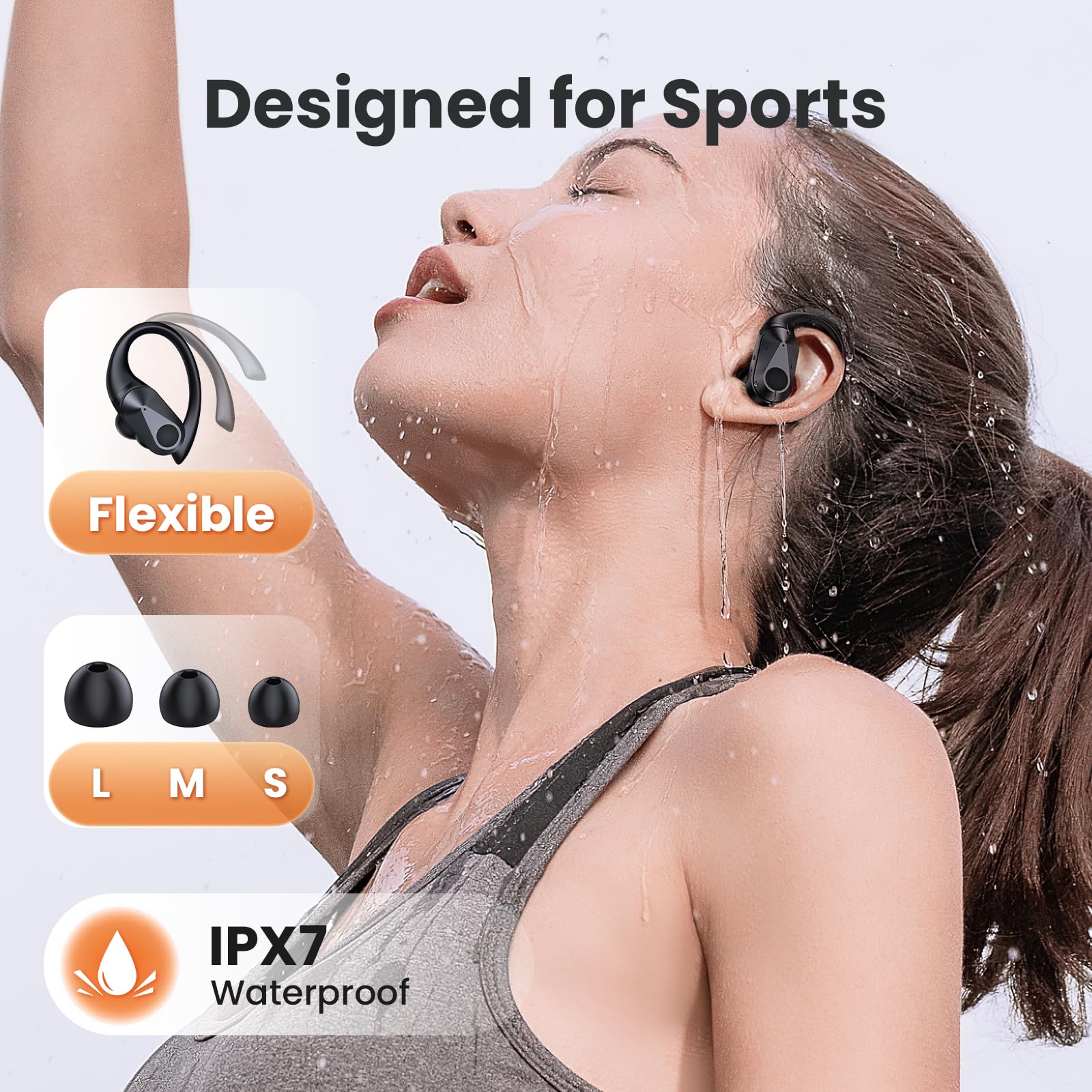 Wireless Earbuds Bluetooth Headphones 90Hrs Playtime Ear Buds IPX7 Waterproof Sports Earphones Wireless Charging Case Over-ear Earhooks Headest Black - Image 3