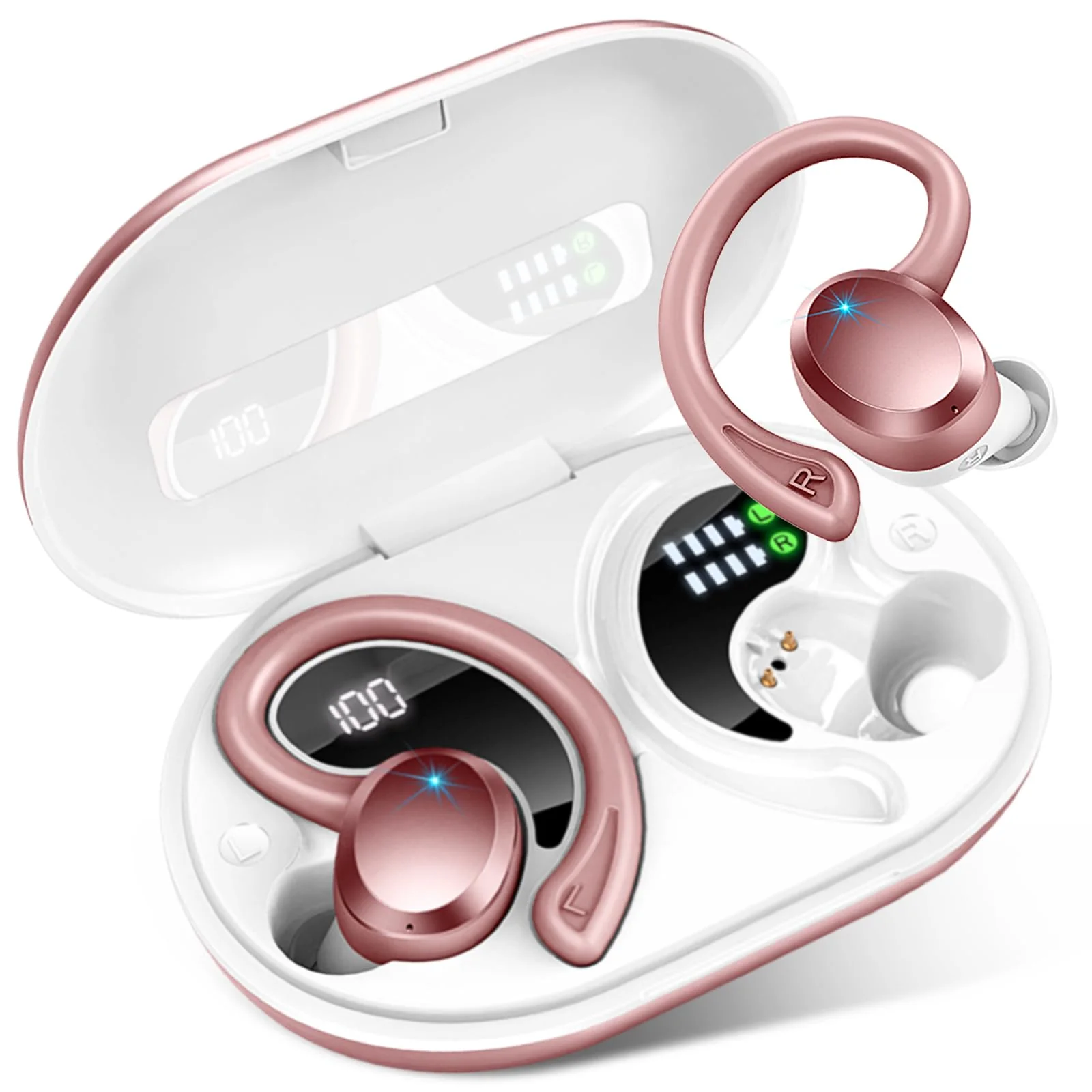 Wireless Earbuds Bluetooth Headphones Sport, 2024 Bluetooth 5.3 Earbud 3D HiFi Stereo Over Ear Buds, 48Hrs Earhooks Earphone with Noise Cancelling Mic, IP7 Waterproof Headset for Workout/Running/Gym 800 mAh Rose Gold