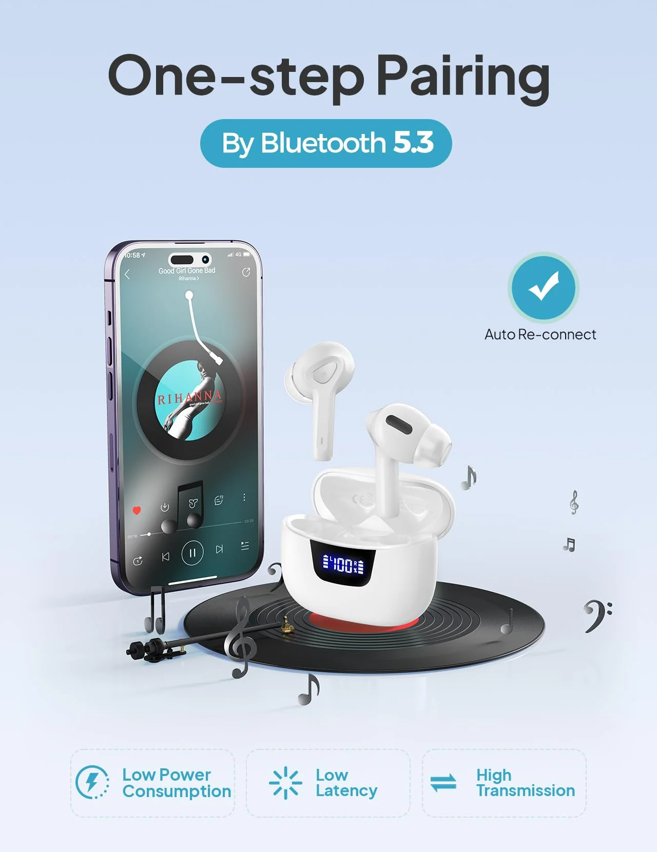 Wireless Earbuds Bluetooth V5.3 Headphones 50H Playback Deep Bass Stereo Ear Buds with LED Power Display Charging Case IPX7 Waterproof Earphones with Mic Headset for Laptop Pad Android/iOS Phones Lvory White - Image 5