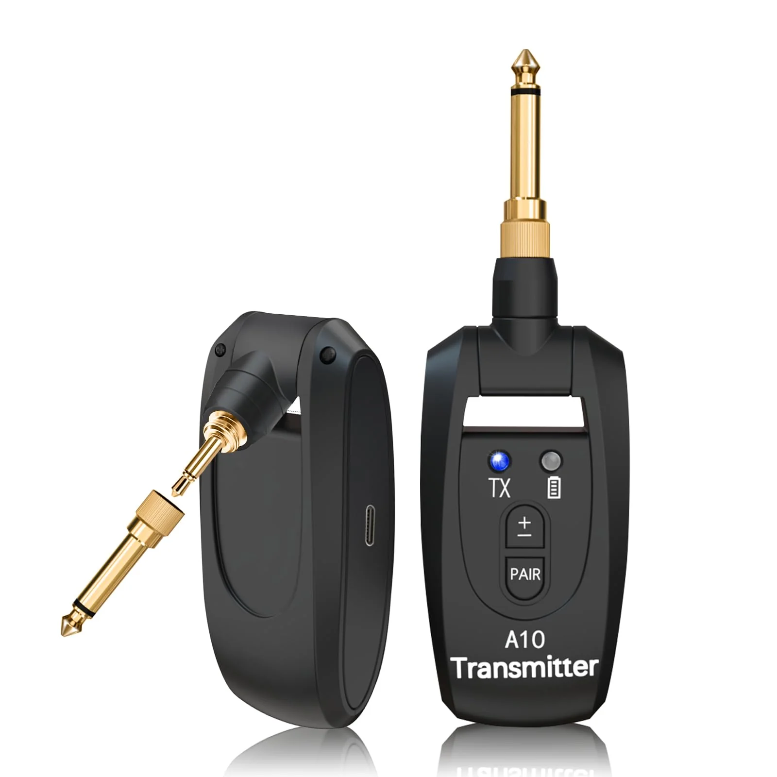 Wireless Guitar Transmitter Receiver 2.4GHz Rechargeable, 6.35mm and 3.5mm Plugs Audio Wireless Guitar System 250° Rotatable for Bass Keyboard Drums Multiple Instruments (A10 Black)