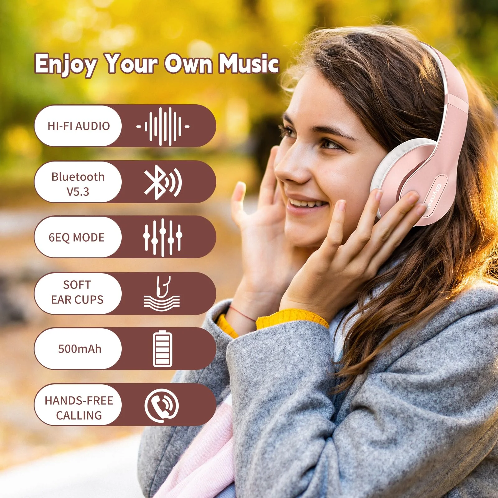 Wireless Headphones Over Ear 65H Playtime HiFi Stereo Headset with Microphone and 6EQ Modes Foldable Bluetooth V5.3 Headphones for Travel Smartphone Computer Laptop Rose Gold WH207A - Image 6