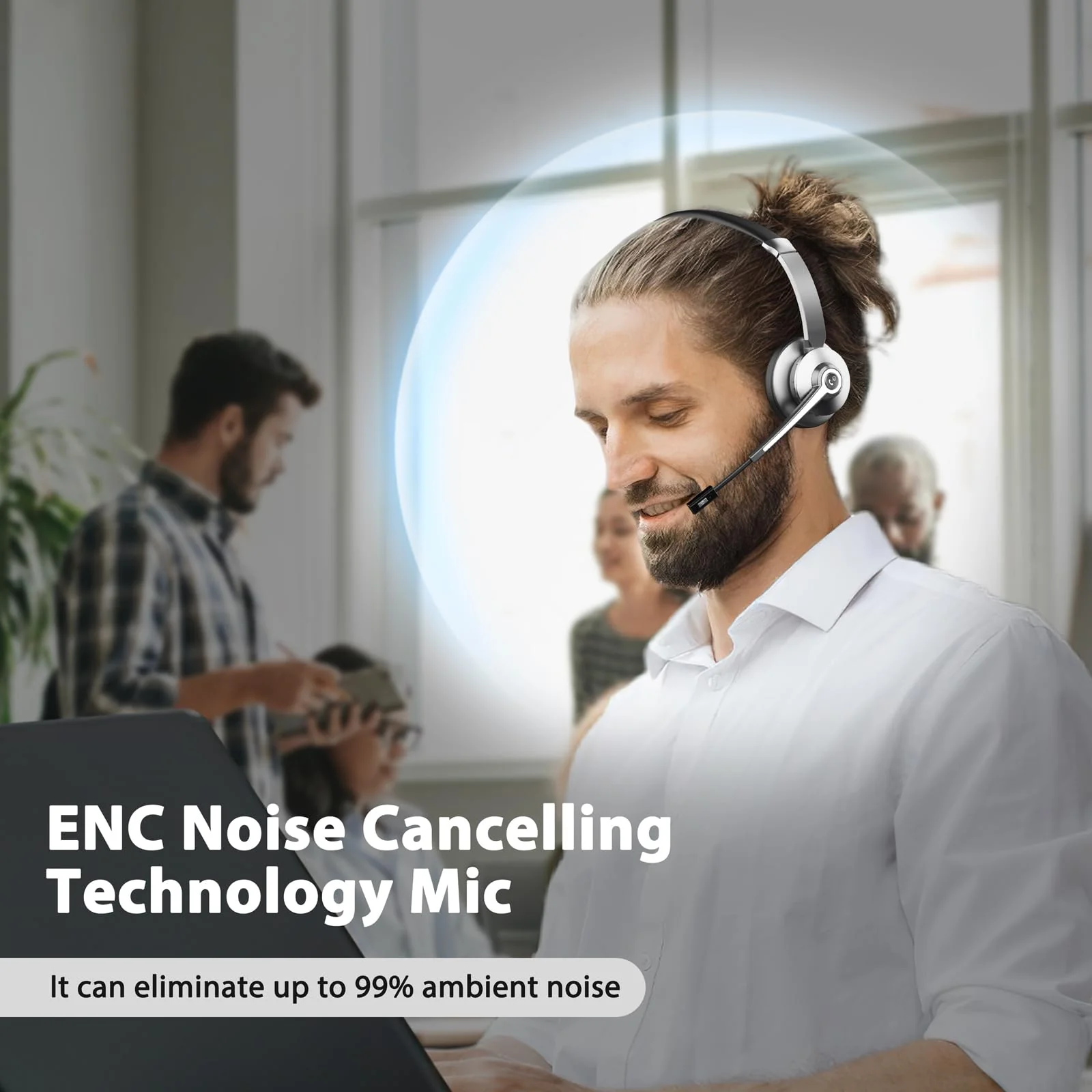 Wireless Headset, Bluetooth Headset with Microphone Noise Canceling & USB Dongle, Headphones with Mic Mute & Charging Base, Wireless Headset with Mic for Work from Home/Call Center/Computer/Zoom - Image 2