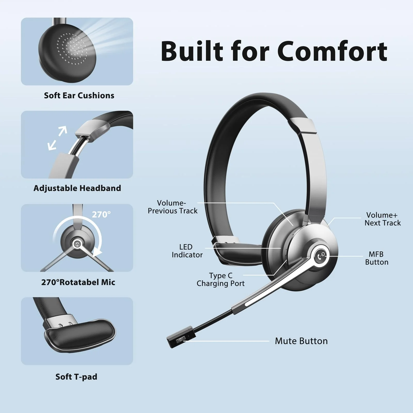 Wireless Headset, Bluetooth Headset with Microphone Noise Canceling & USB Dongle, Headphones with Mic Mute & Charging Base, Wireless Headset with Mic for Work from Home/Call Center/Computer/Zoom - Image 3