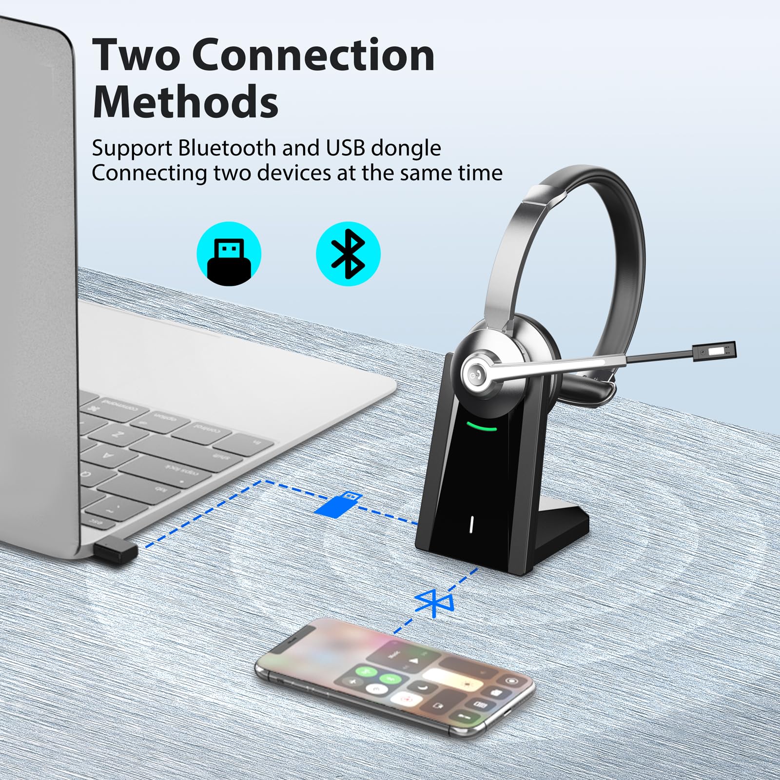 Wireless Headset, Bluetooth Headset with Microphone Noise Canceling & USB Dongle, Headphones with Mic Mute & Charging Base, Wireless Headset with Mic for Work from Home/Call Center/Computer/Zoom - Image 5