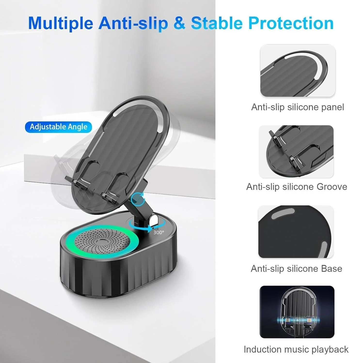 Wireless Induction Audio Bluetooth Speaker 5in1 Phone Holder Emergency Rechargeable (3000mAh) with Colorful Ambient Light 300° Foldable for Tablet iPhone Android, Gifts for Men Women (Black) Black - Image 5