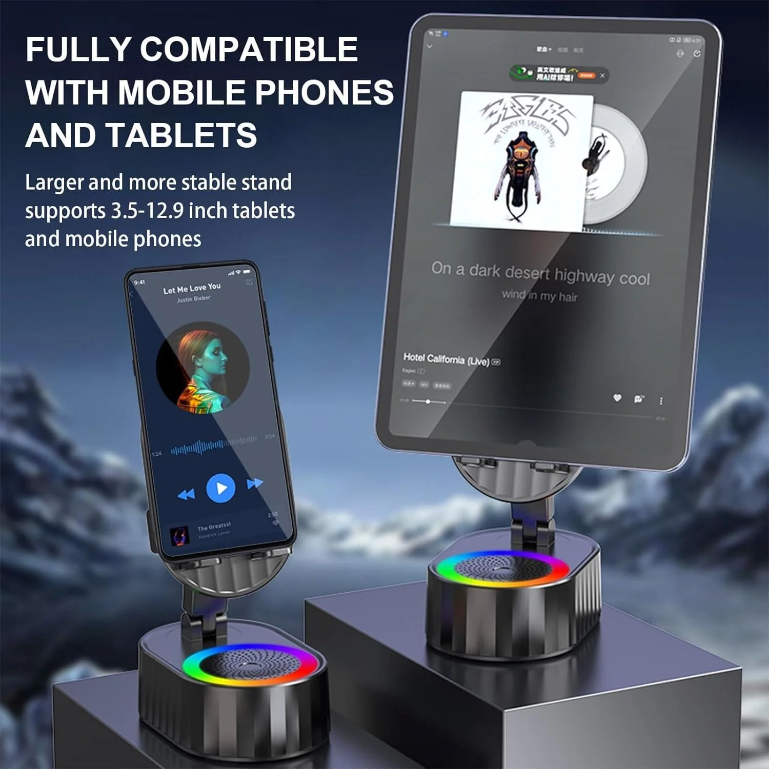 Wireless Induction Audio Bluetooth Speaker 5in1 Phone Holder Emergency Rechargeable (3000mAh) with Colorful Ambient Light 300° Foldable for Tablet iPhone Android, Gifts for Men Women (Black) Black - Image 6