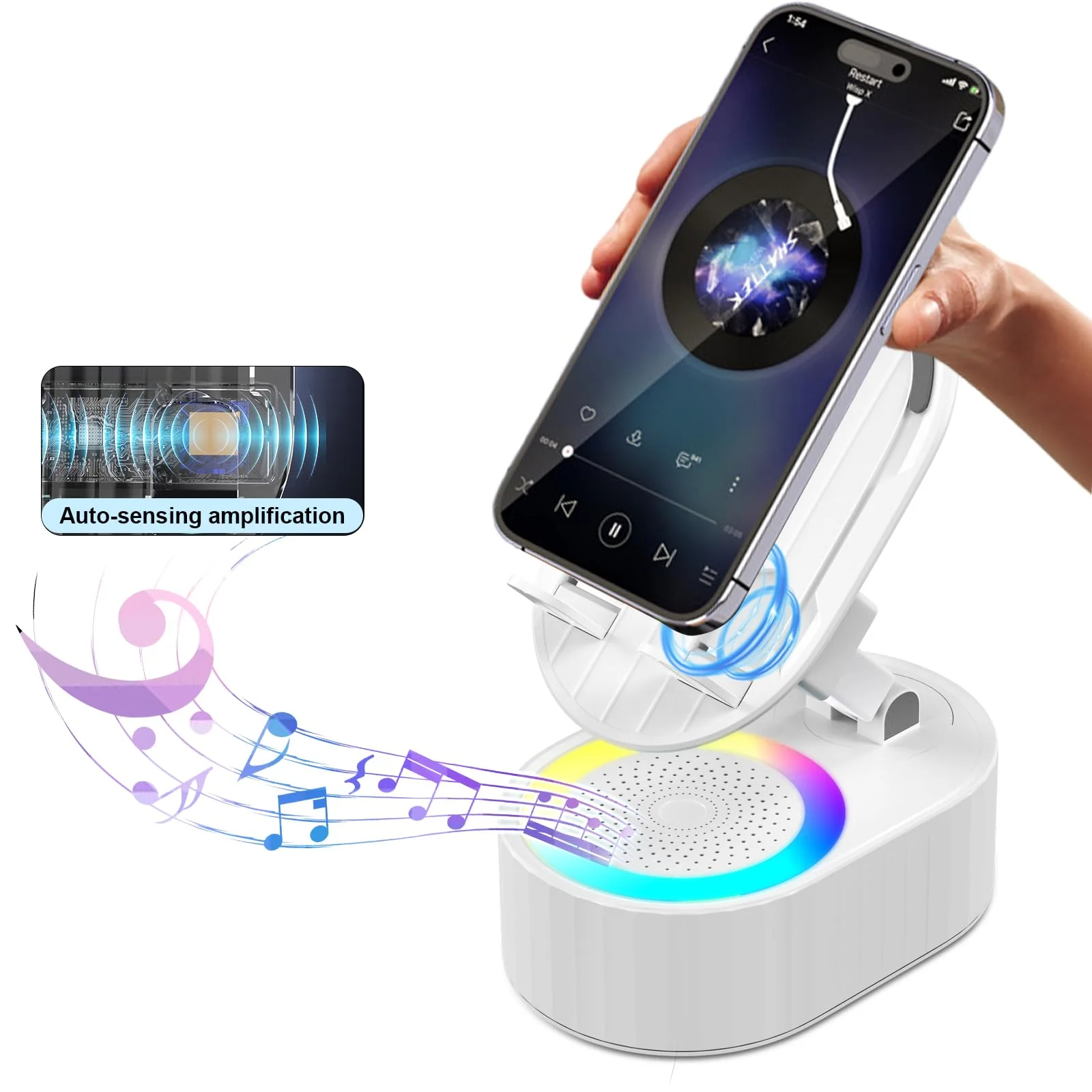 Wireless Induction Audio Bluetooth Speaker 5in1 Phone Holder Emergency Rechargeable (3000mAh) with Colorful Ambient Light 300° Foldable for Tablet iPhone Android, Gifts for Men Women (White) White