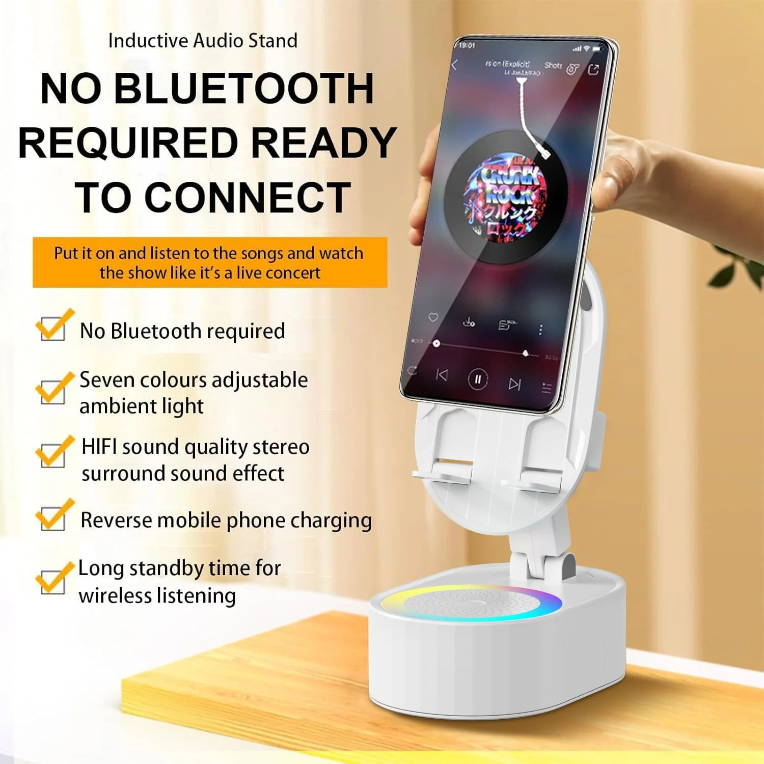 Wireless Induction Audio Bluetooth Speaker 5in1 Phone Holder Emergency Rechargeable (3000mAh) with Colorful Ambient Light 300° Foldable for Tablet iPhone Android, Gifts for Men Women (White) White - Image 2