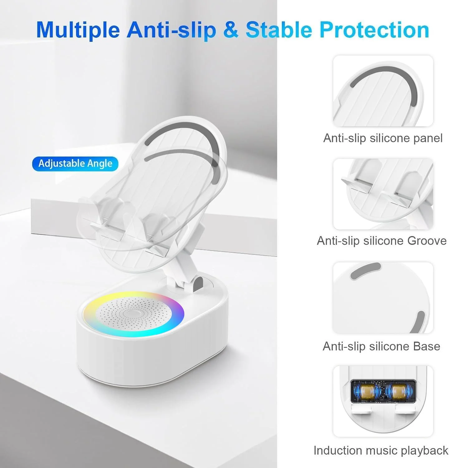 Wireless Induction Audio Bluetooth Speaker 5in1 Phone Holder Emergency Rechargeable (3000mAh) with Colorful Ambient Light 300° Foldable for Tablet iPhone Android, Gifts for Men Women (White) White - Image 6