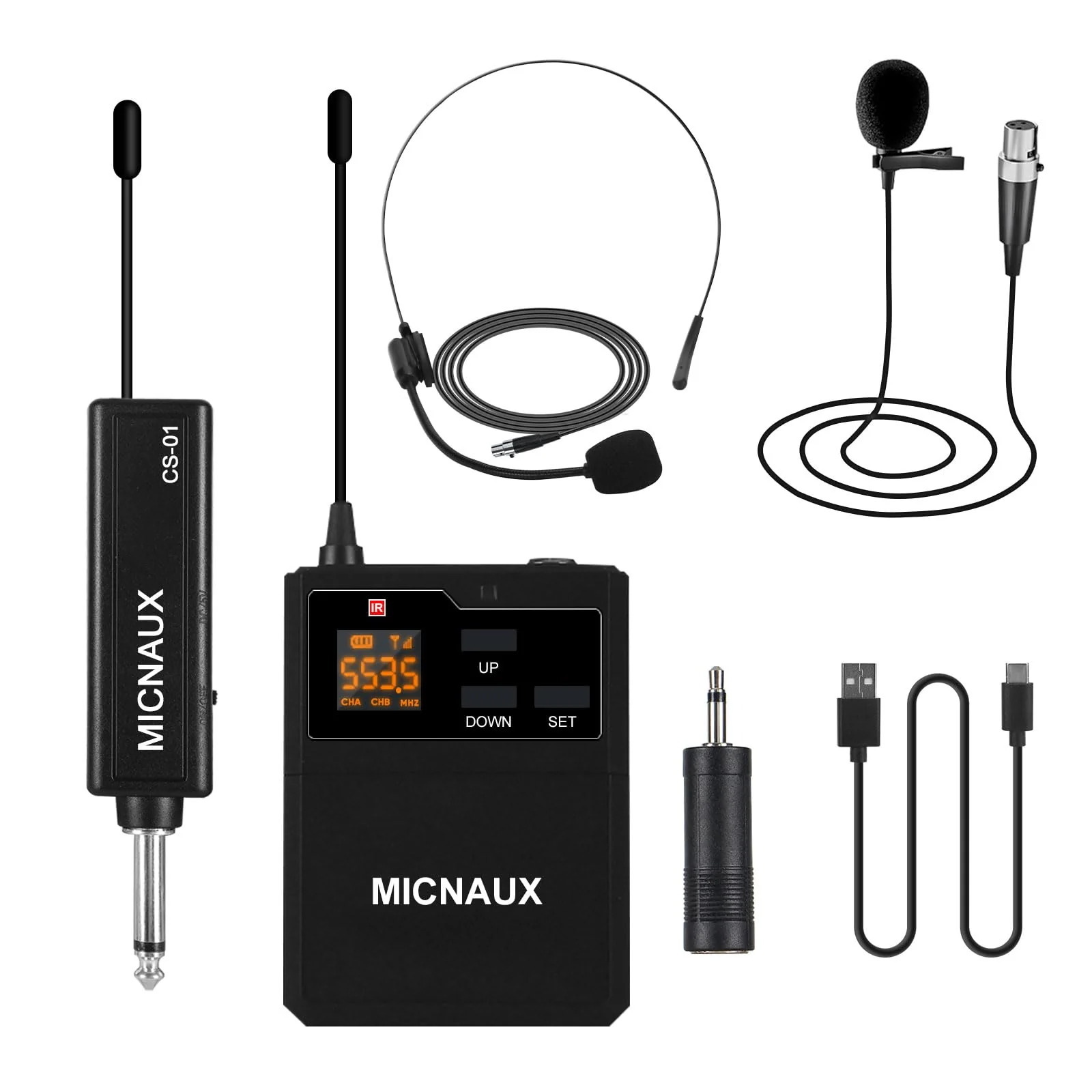 Wireless Lapel Microphone System with Headset & Lavalier Mics, UHF Bodypack Transmitters, Mini Rechargeable Receiver, 48 Channels in 500MHz, 260ft Range, Plug & Play for Wedding Speech Church BXMIC01