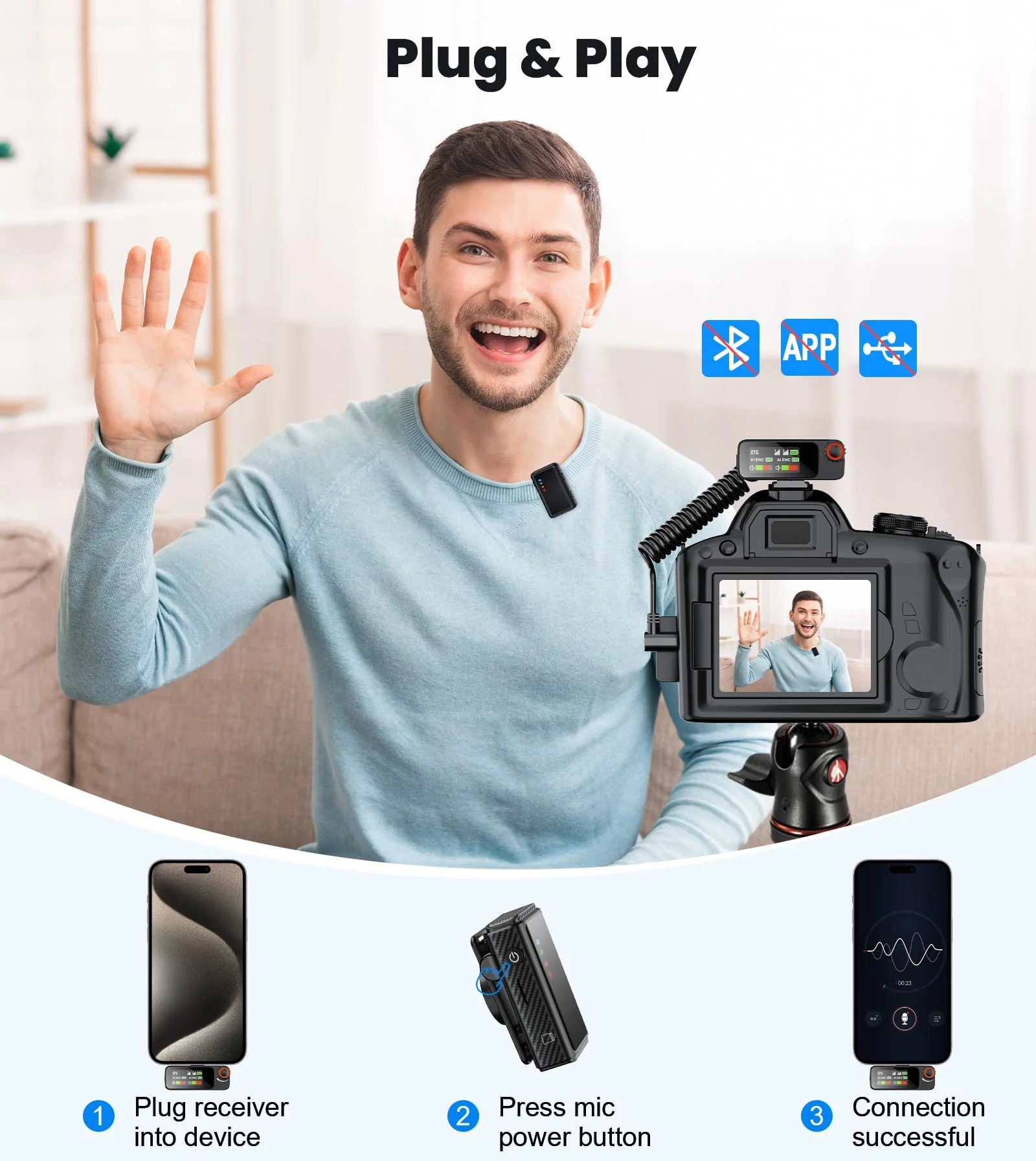 Wireless Lavalier Microphone for iPhone/Android/Camera/PC,AI Noise Canceling Clip-On Mic with Charging Case- Magnetic Dual Mics for Podcast, Vlog, Interview & Video Recording – 492Ft Range - Image 4