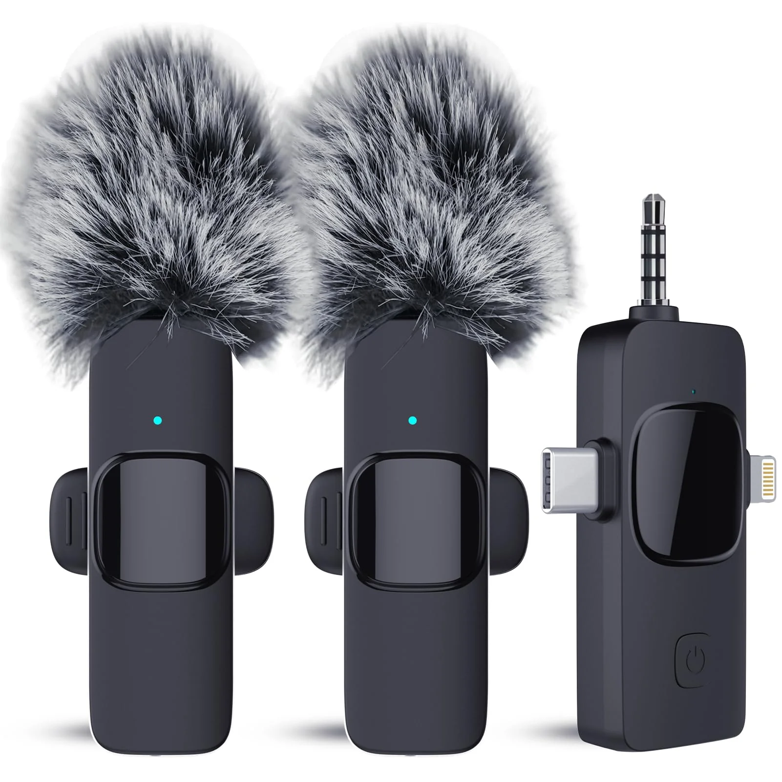 Wireless Lavalier Microphone for iPhone Android Camera with Furry Windproof Covers, Dual Lavalier Microphone for Interviews, Live Streaming, YouTube, TikTok, Plug-Play, 3-in-1 Receiver 3 in 1