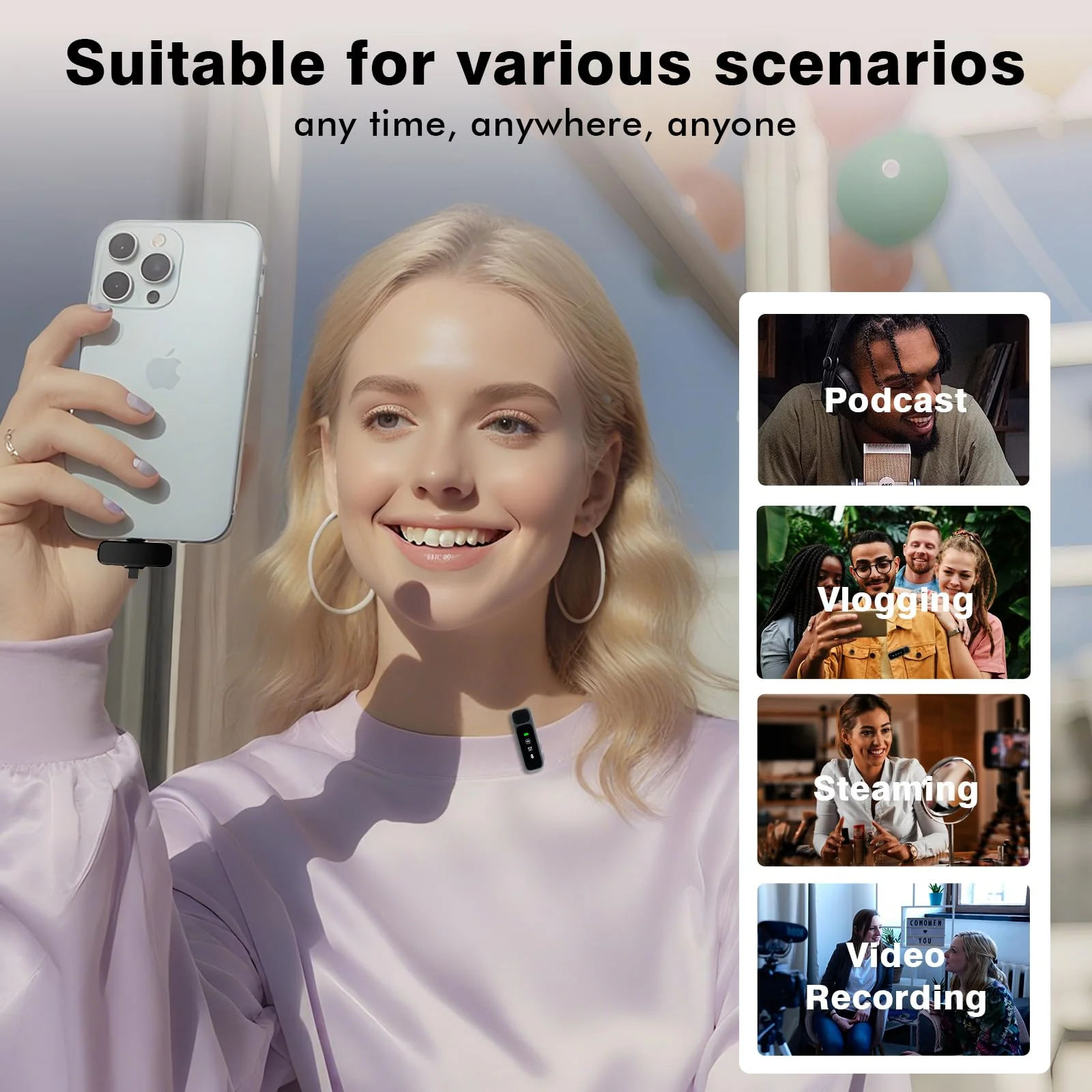 Wireless Lavalier Microphone for iPhone/Android - Dual Mini Noise Canceling Mic with Charging Case(30H), USB-C/Lightning Clip-on Microphone for Video Recording Streaming Podcast Vlogging Black - Image 7