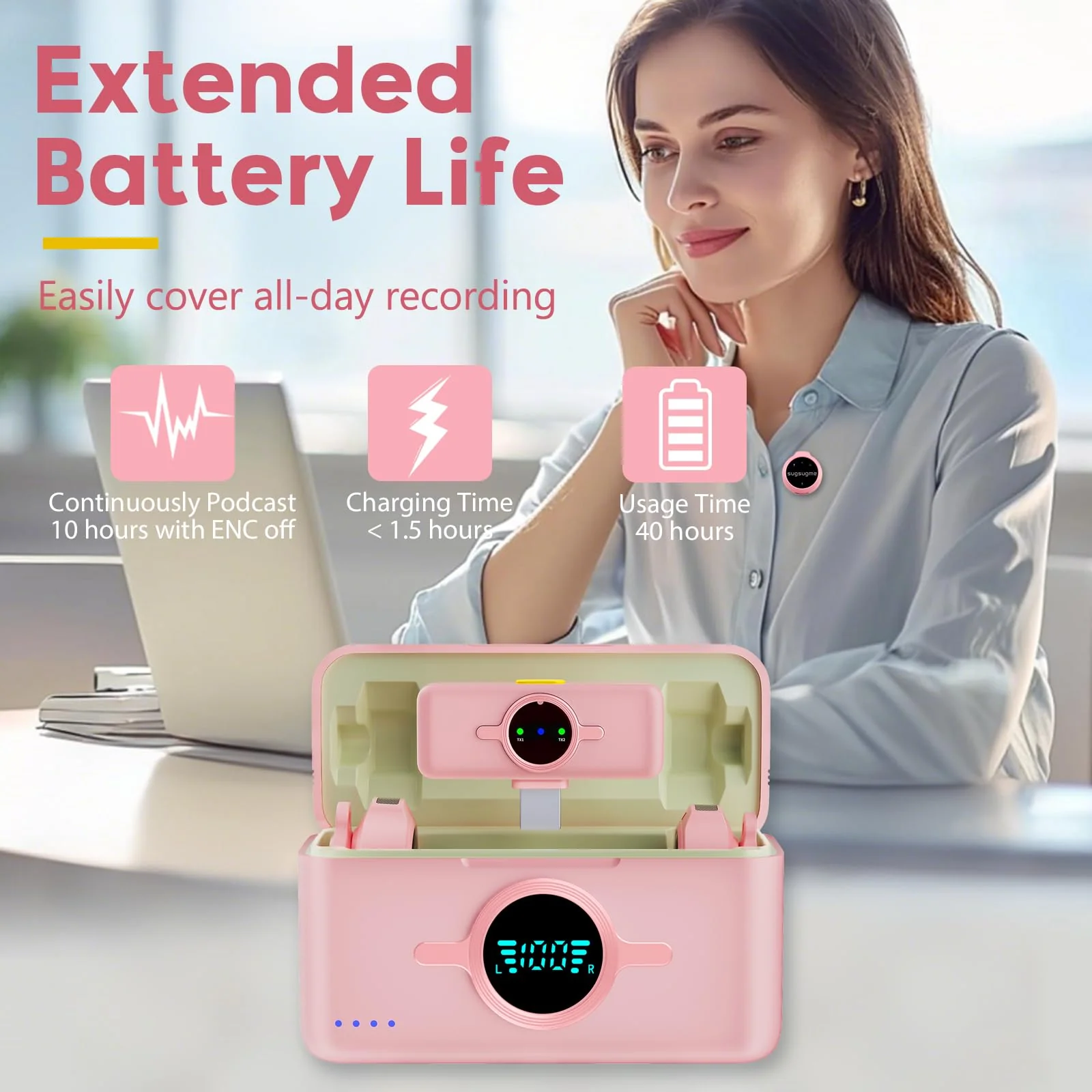 Wireless Lavalier Microphone for iPhone/Android/Laptop with Lightning/USB-C Plug, 48KHz/24Bit, Noise Cancellation, 100 Meters Transmission Range, 30h Battery for Video Recording, Streaming Pink - Image 5