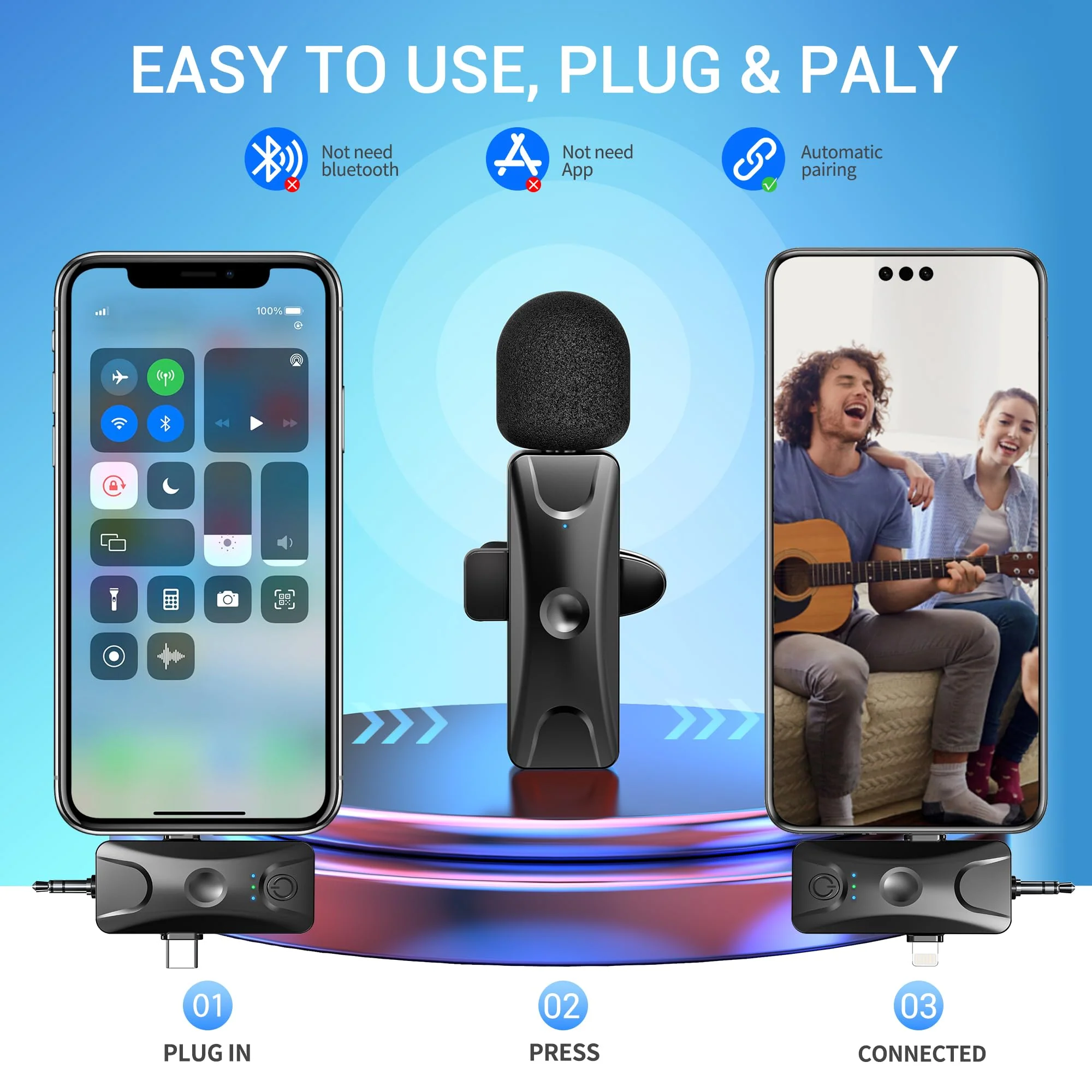 Wireless Lavalier Microphone for iPhone Android: Mini Lapel Mic with Intelligent Noise Cancelling, 48kHz/16bit, 100ft Range, for Camera, PC, Laptop, Video Recording, Streaming, Interview, Vlogs - Image 4