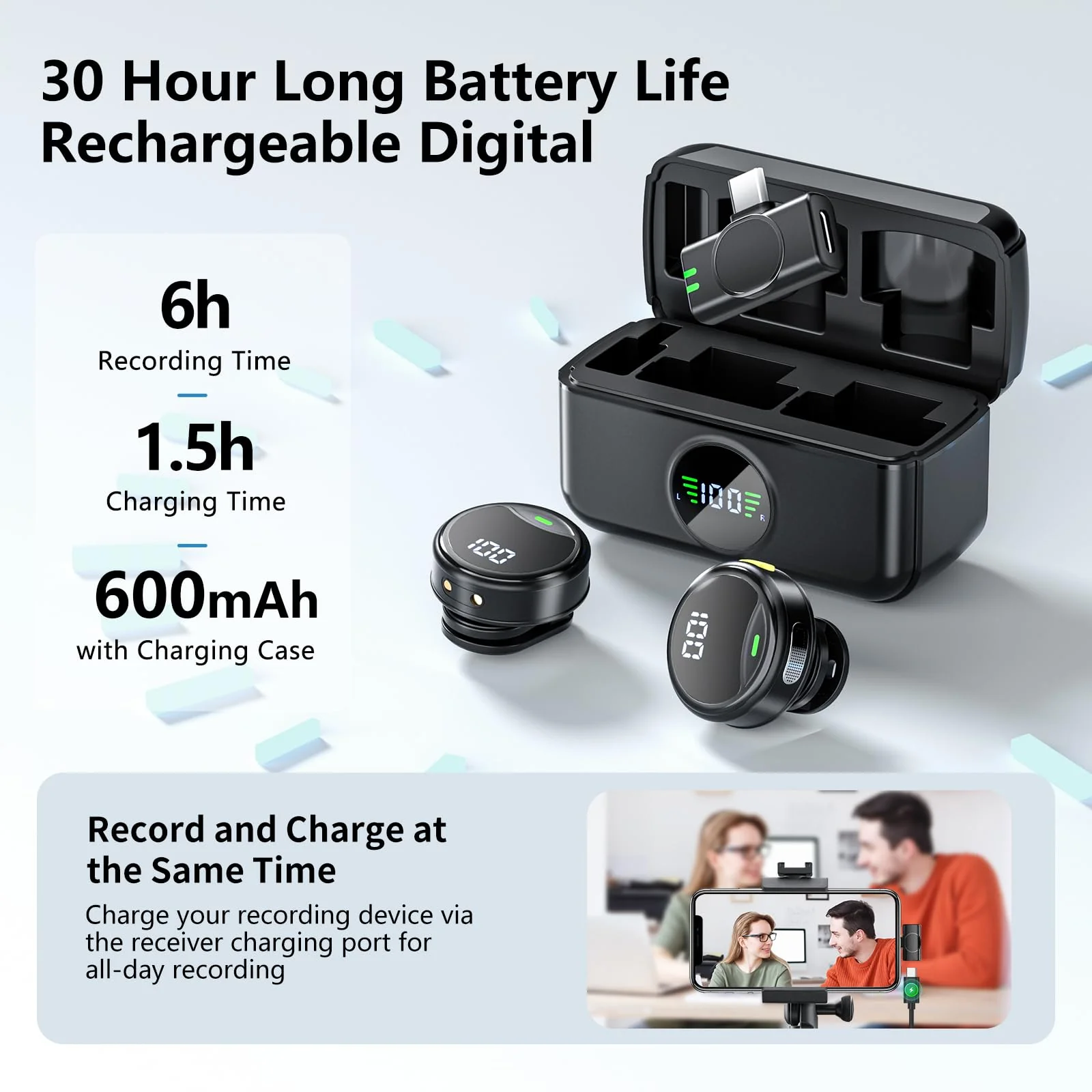 Wireless Lavalier Microphone for iPhone/Android, Mini Lapel Mic with Noise Cancellation, 48KHz 24Bit, 30h Battery Life, Mini Microphone for Video Recording, Vlogging - Image 5
