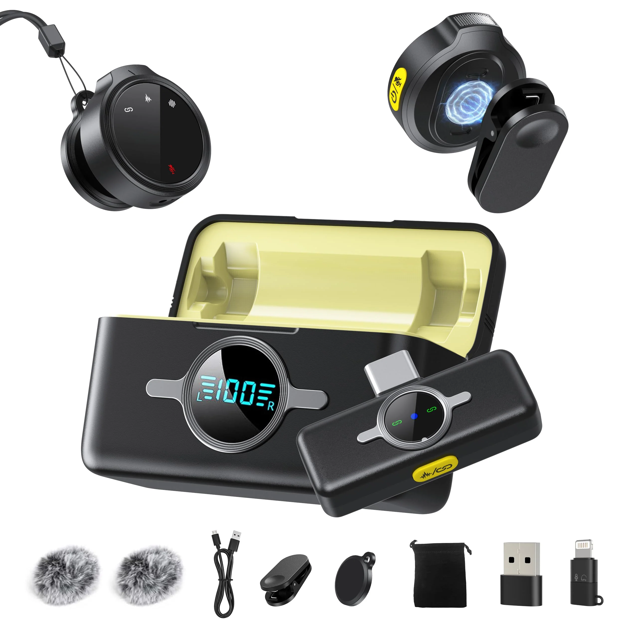 Wireless Lavalier Microphone for iPhone/Android/PC, LED Indicator Lapel Mic with 42H Charging Case, Noise Reduction, Magnetic, 328ft Mini Microphone for Video Recording, Interviews, TikTok, YouTube