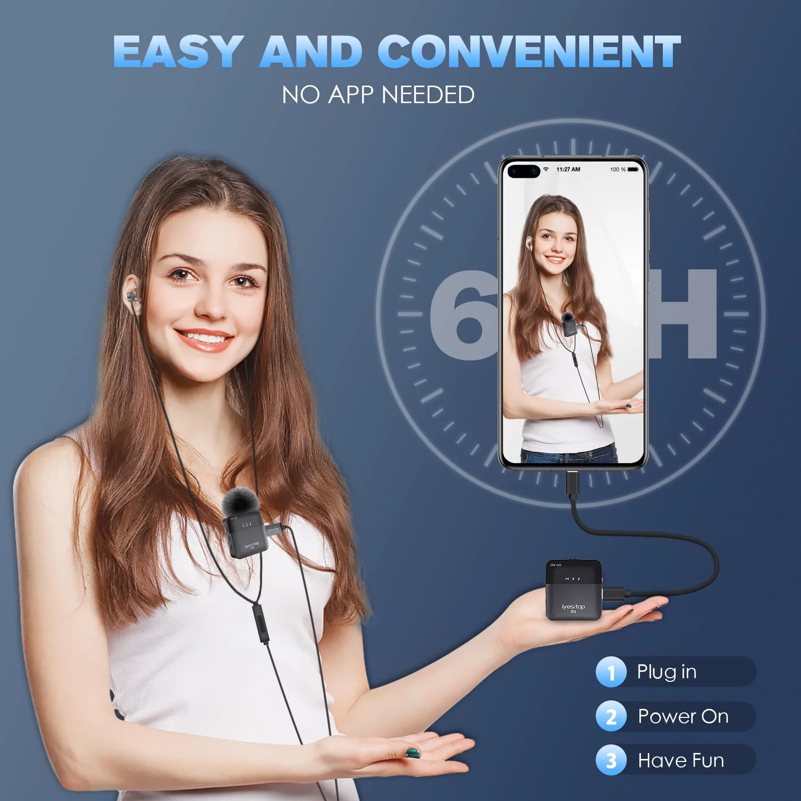 Wireless Lavalier Microphone for iPhone, Android Phone, Camera with Real-Time/Audience Monitoring, Audio Ducking, Accompaniment, Reverb, Mute, Noise Cancellation - Mini Clip-on Lapel Bluetooth Mic - Image 3