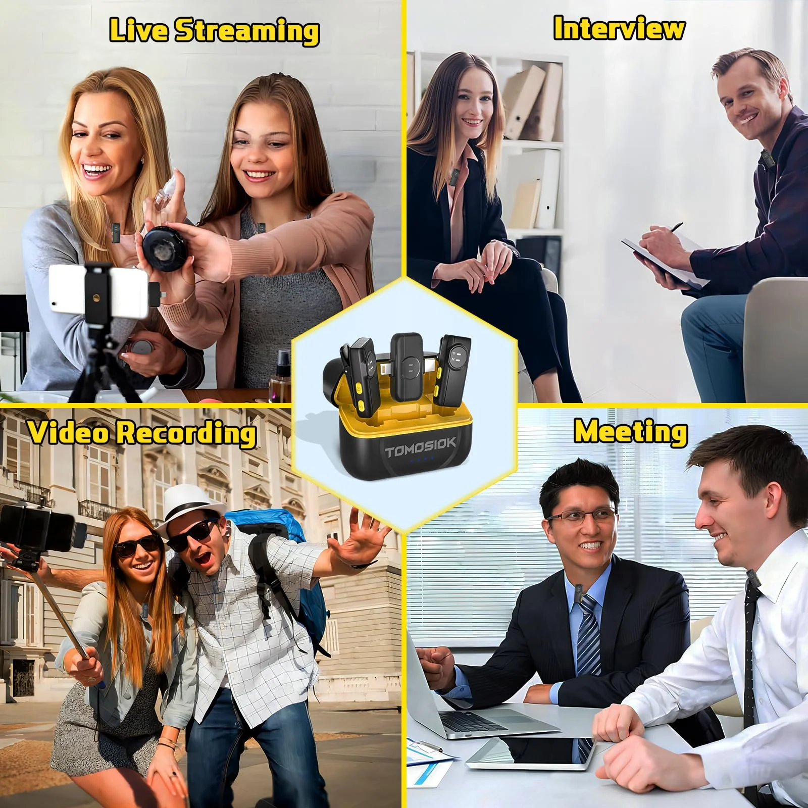 Wireless Lavalier Microphone for iPhone iPad Android with Noise Cancellation, 10 Hours of Battery Mini Microphone for Recording, Live Streaming, YouTube, Facebook, TikTok Black-Yellow - Image 6