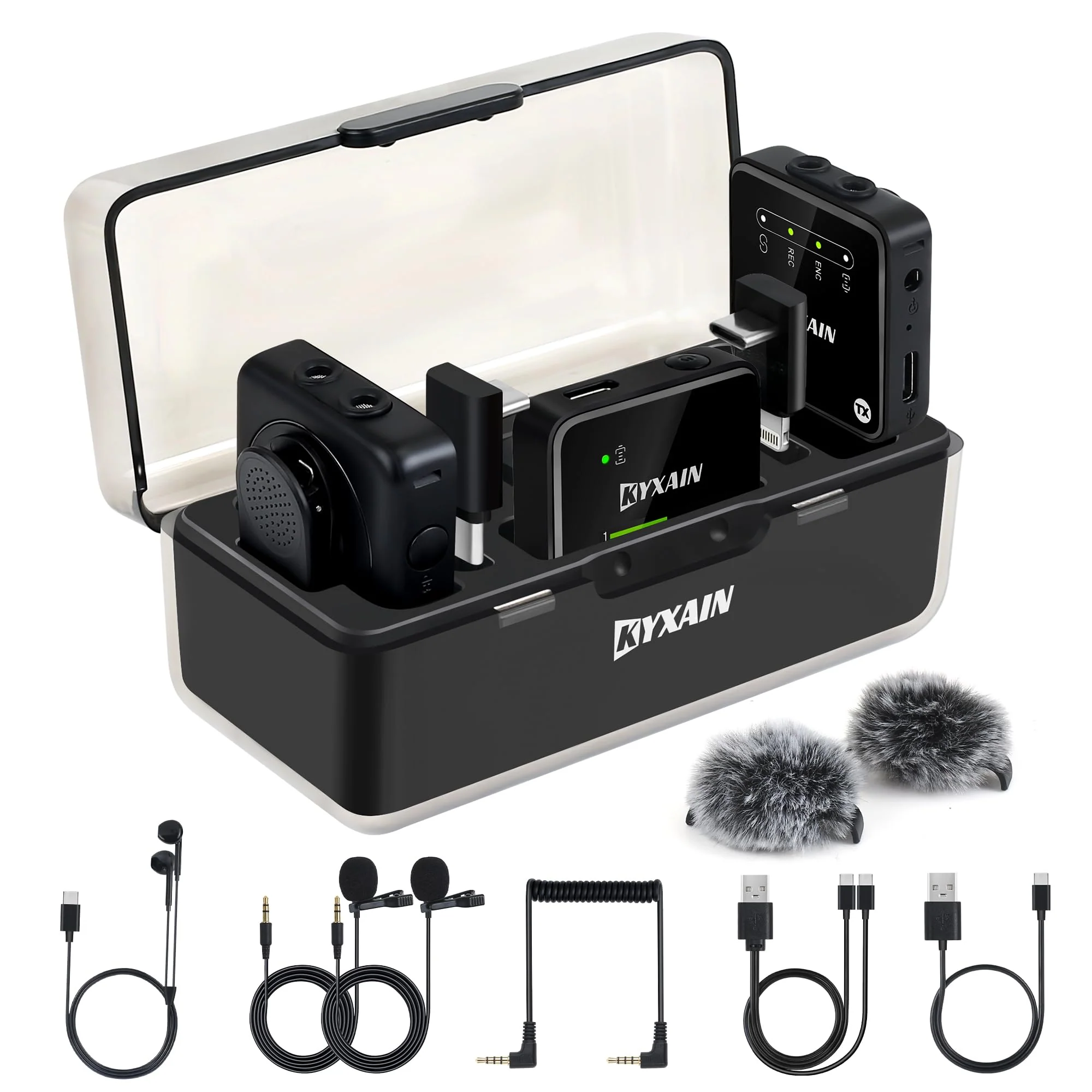 Wireless Lavalier Microphones with Noise Cancellation, 328ft Transmission, 30H Working Time with Charging Case, Wireless Lapel Microphone System for Living Streaming iPhone Android DSLR Camera PC