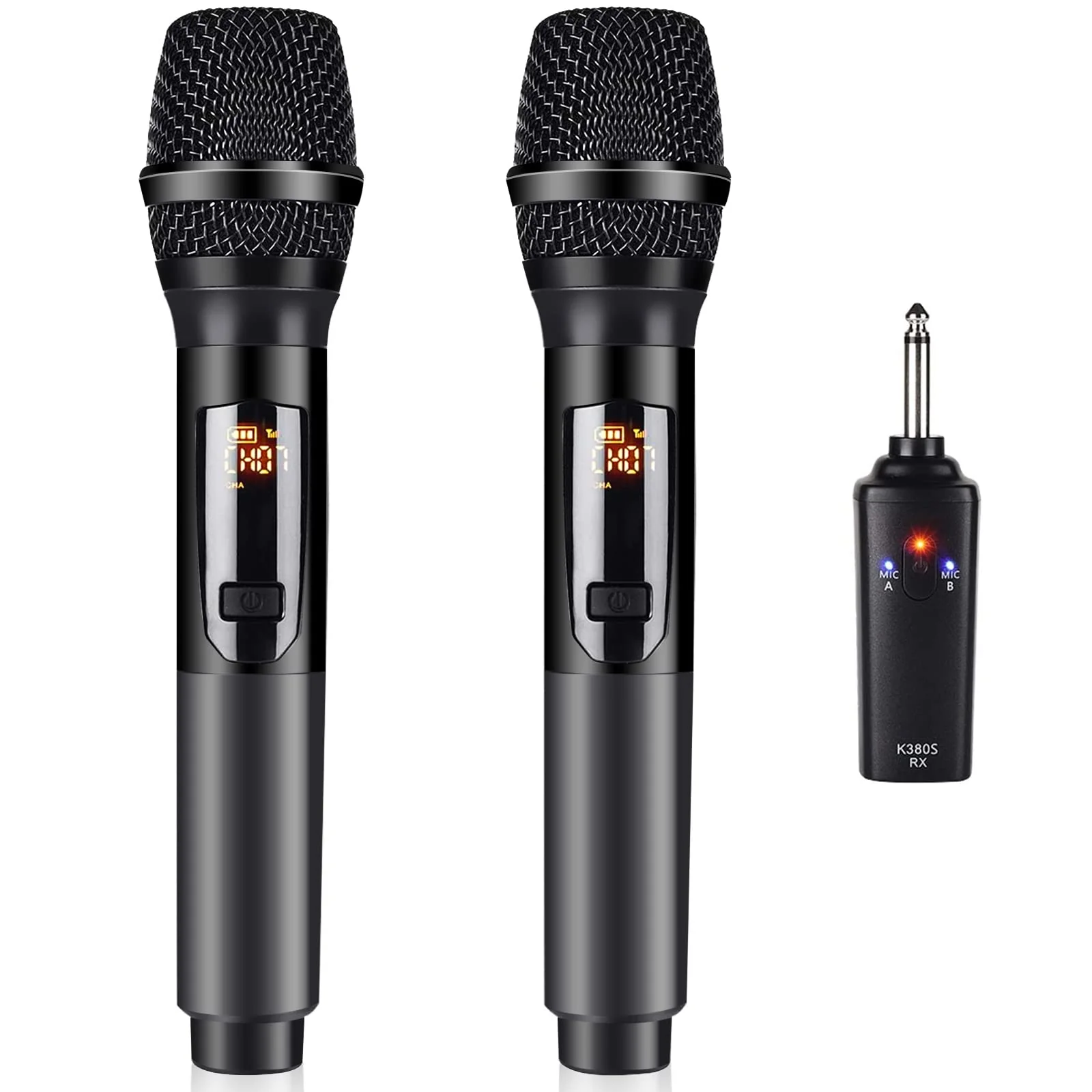 Wireless Microphone, K380S Dual Cordless Metal Dynamic Mic System with Rechargeable Receiver, for Karaoke Singing, Wedding, Party, Speech, Church, Meeting