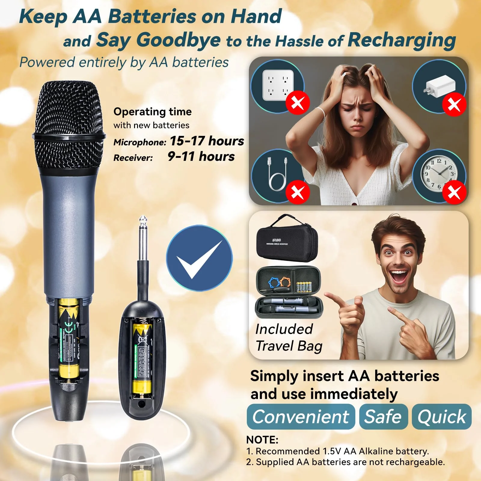 Wireless Microphone Set for Singing, Karaoke & Events, Dual-Mic Receiver, Storage Case Included, Handheld Metal Cordless Mic 2 Pack for Karaoke Machines, PA Systems, Amplifier, Gray - Image 2