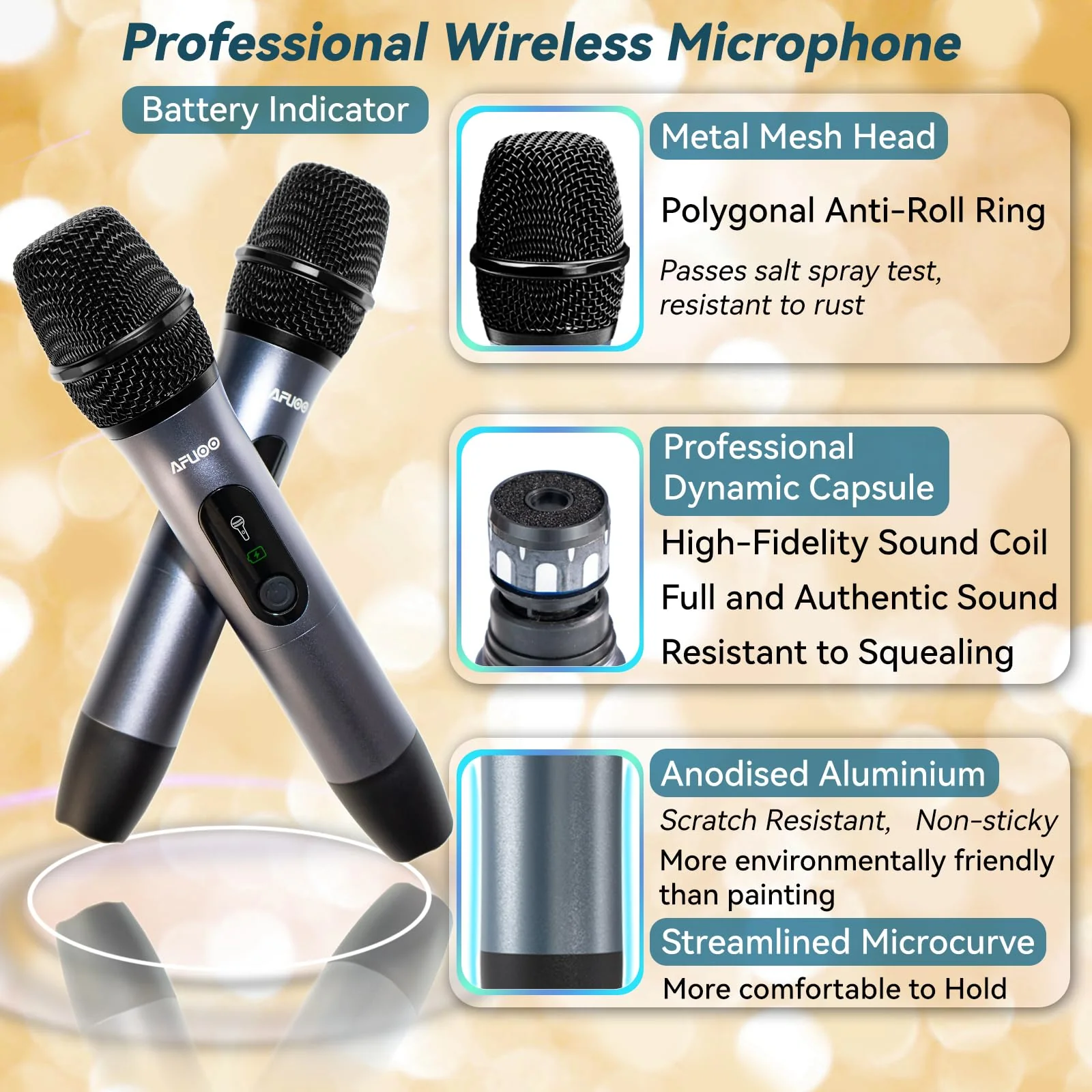 Wireless Microphone Set for Singing, Karaoke & Events, Dual-Mic Receiver, Storage Case Included, Handheld Metal Cordless Mic 2 Pack for Karaoke Machines, PA Systems, Amplifier, Gray - Image 3