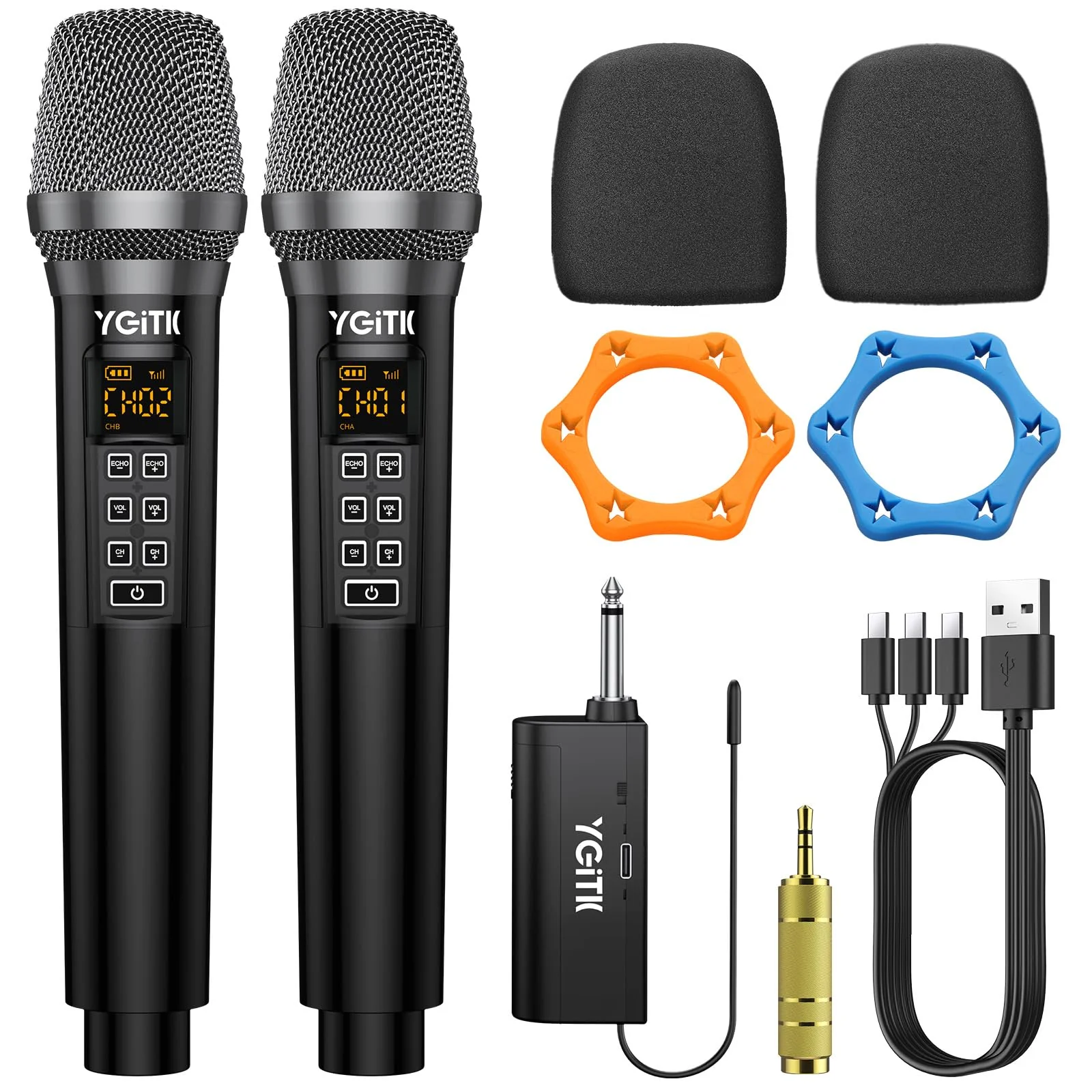 Wireless Microphone, UHF Metal Dual Handheld Cordless Dynamic Mic System with Rechargeable Receiver 2X30 Channels Wireless Microphones System ECHO Adjust 160ft Range for Singing, Wedding