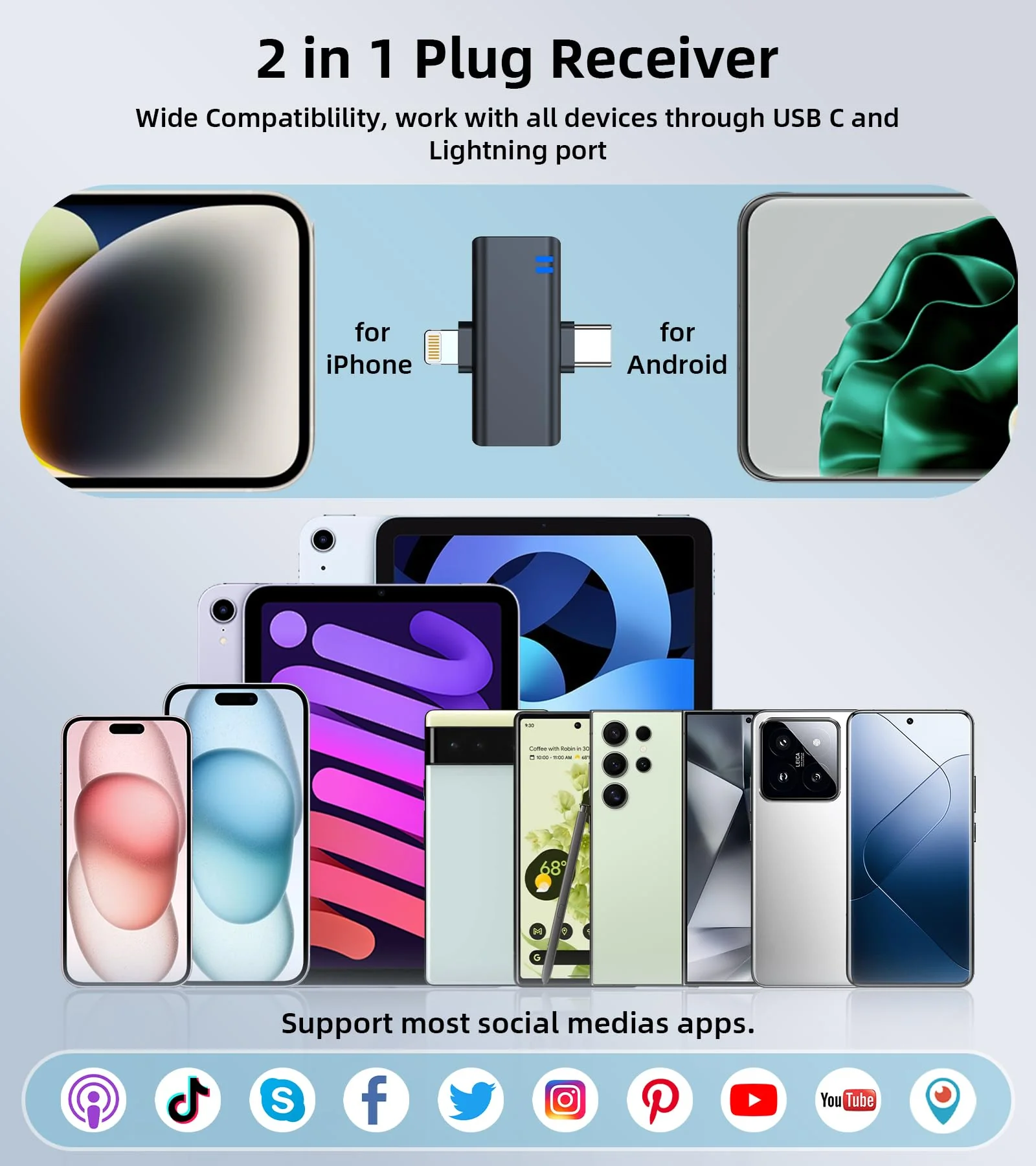 Wireless Microphones for Video Recording - Noise Canceling Mini Lav Mics for iPhone, 3-Level Gain Control, 35H Battery - Phone Microphone for YouTube, TikTok Live-streaming, Podcast, Vlogging 2 in 1 with Battery case - Image 6