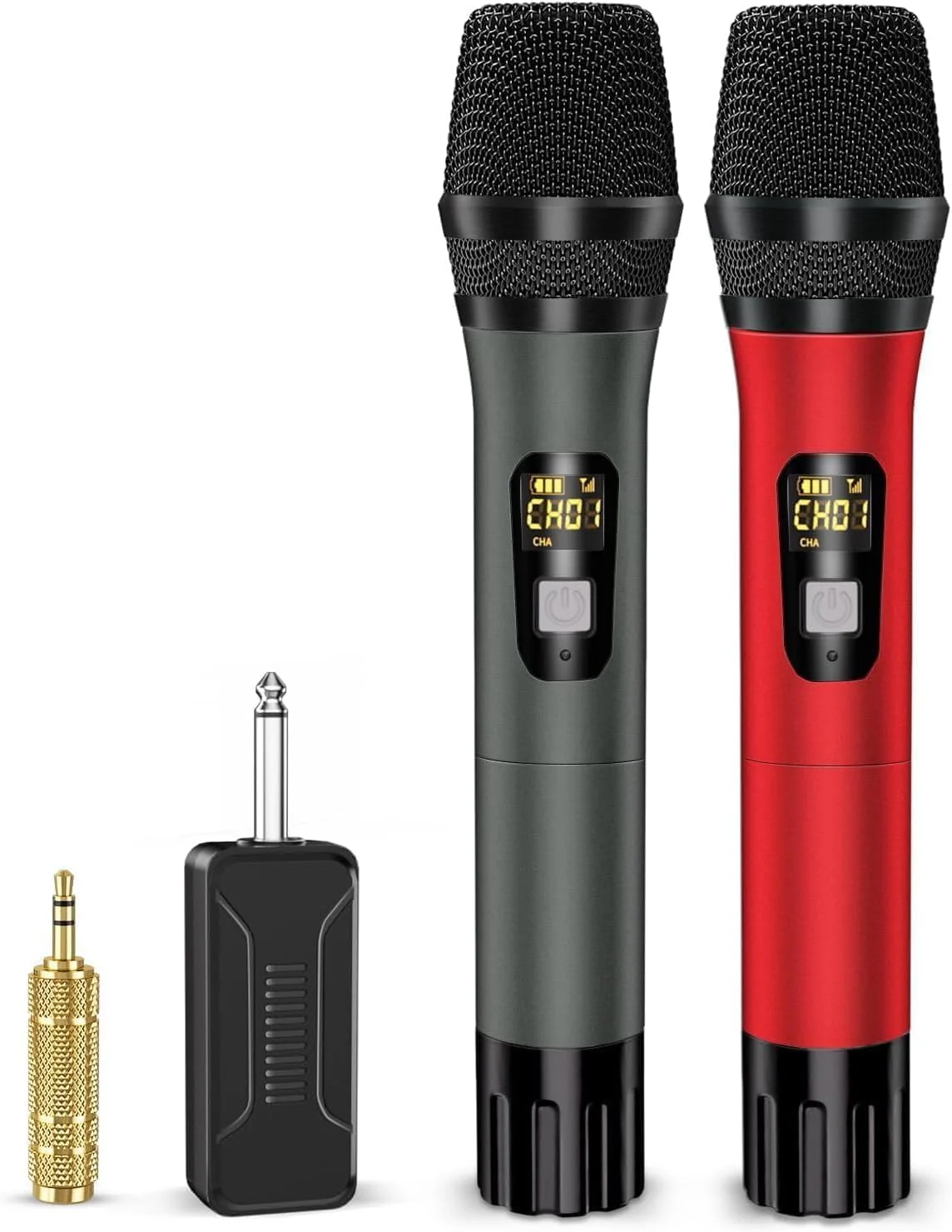 Wireless Microphones, Professional UHF Metal Dual Handheld Cordless Dynamic Mic System with Rechargeable Receiver, 1/4" Output, 160ft Range, Auto Connect for Karaoke, Party Singing, Church, Speech, DJ Red&Gray