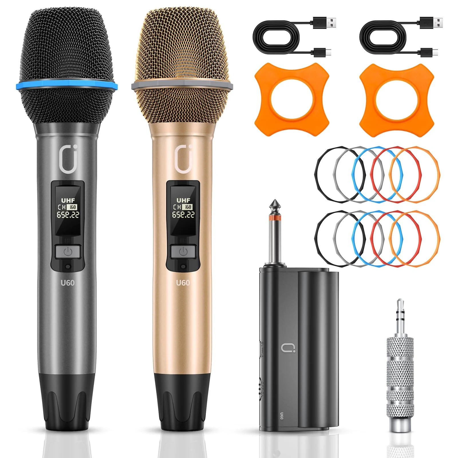 Wireless Microphones, Two UHF Microphones for Karaoke Singing, Rechargeable Dynamic Mic System with Receiver for Church, Party, Meeting, Speech, PA System, Plug and Play 20W