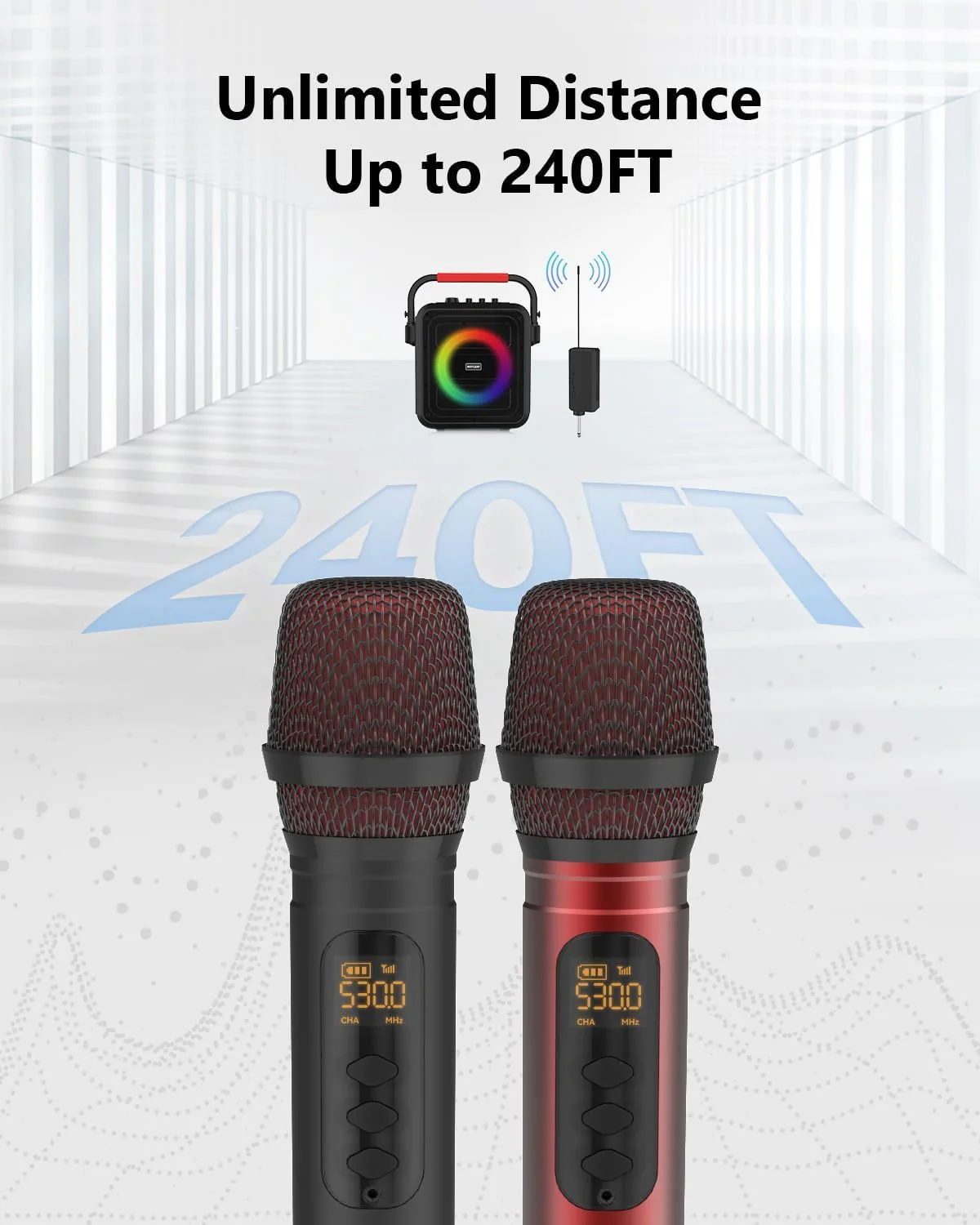 Wireless Microphones, UHF Metal Dual Handheld Cordless Dynamic Karaoke Microphone Wireless, 1/4 "Output for Rechargeable Wireless Microphone, Wedding, Party,DJ, Church, Speech,Class Use, 240ft - Image 2