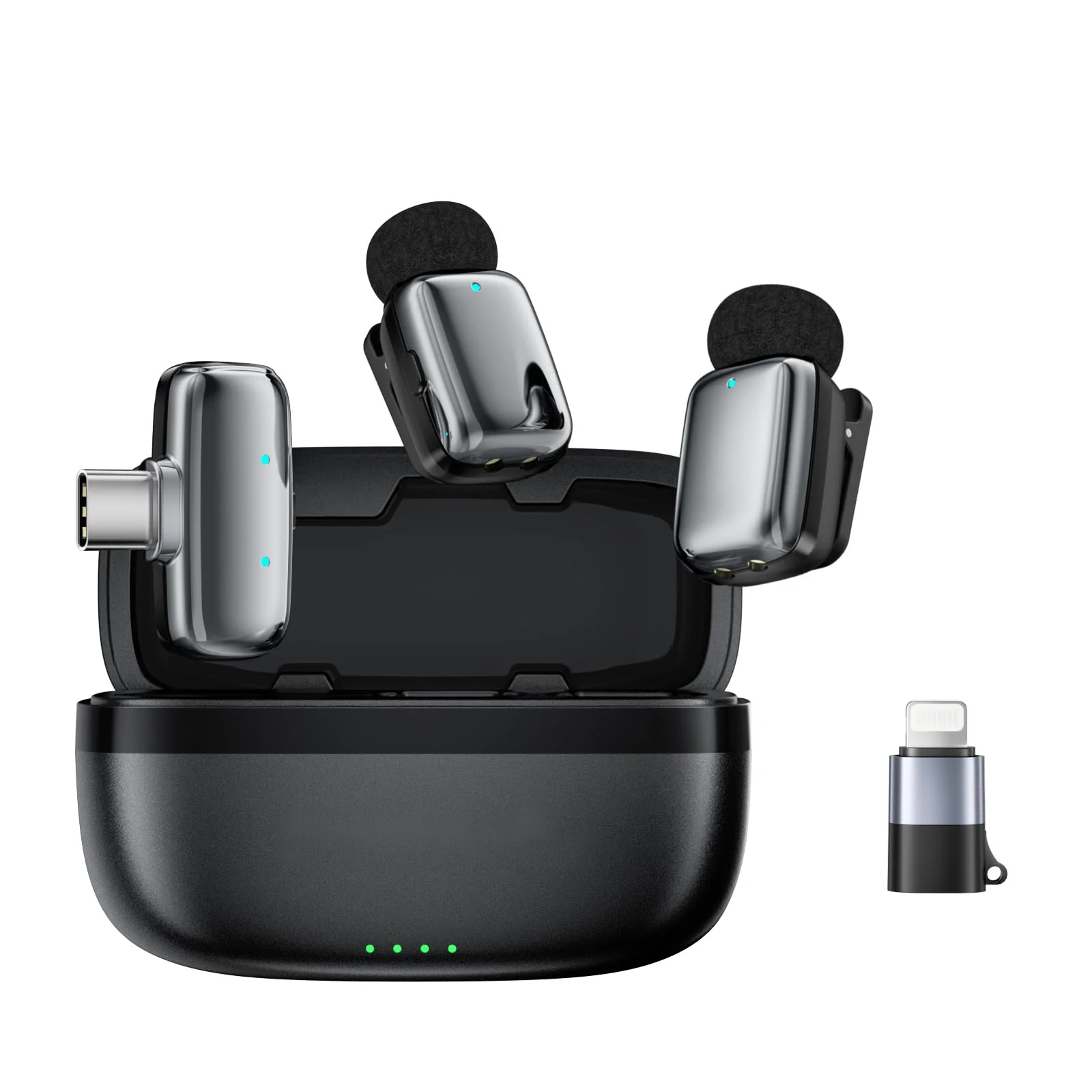 Wireless Mini Microphone for iPhone/Android/iPad-2 Pack Lavalier Lapel Microphone with Lightning,USB C Plug, Niose Reduction,Mute,Clip on mic for Video Recording,YouTube,Tiktok,Podcast,Vlog Silver