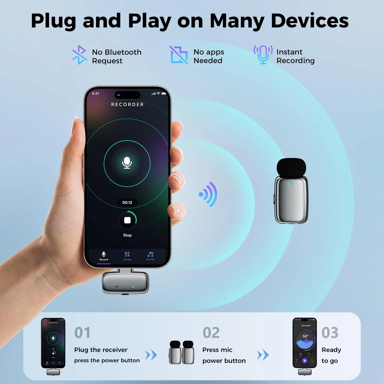 Wireless Mini Microphone for iPhone/Android/iPad-2 Pack Lavalier Lapel Microphone with Lightning,USB C Plug, Niose Reduction,Mute,Clip on mic for Video Recording,YouTube,Tiktok,Podcast,Vlog Silver - Image 4