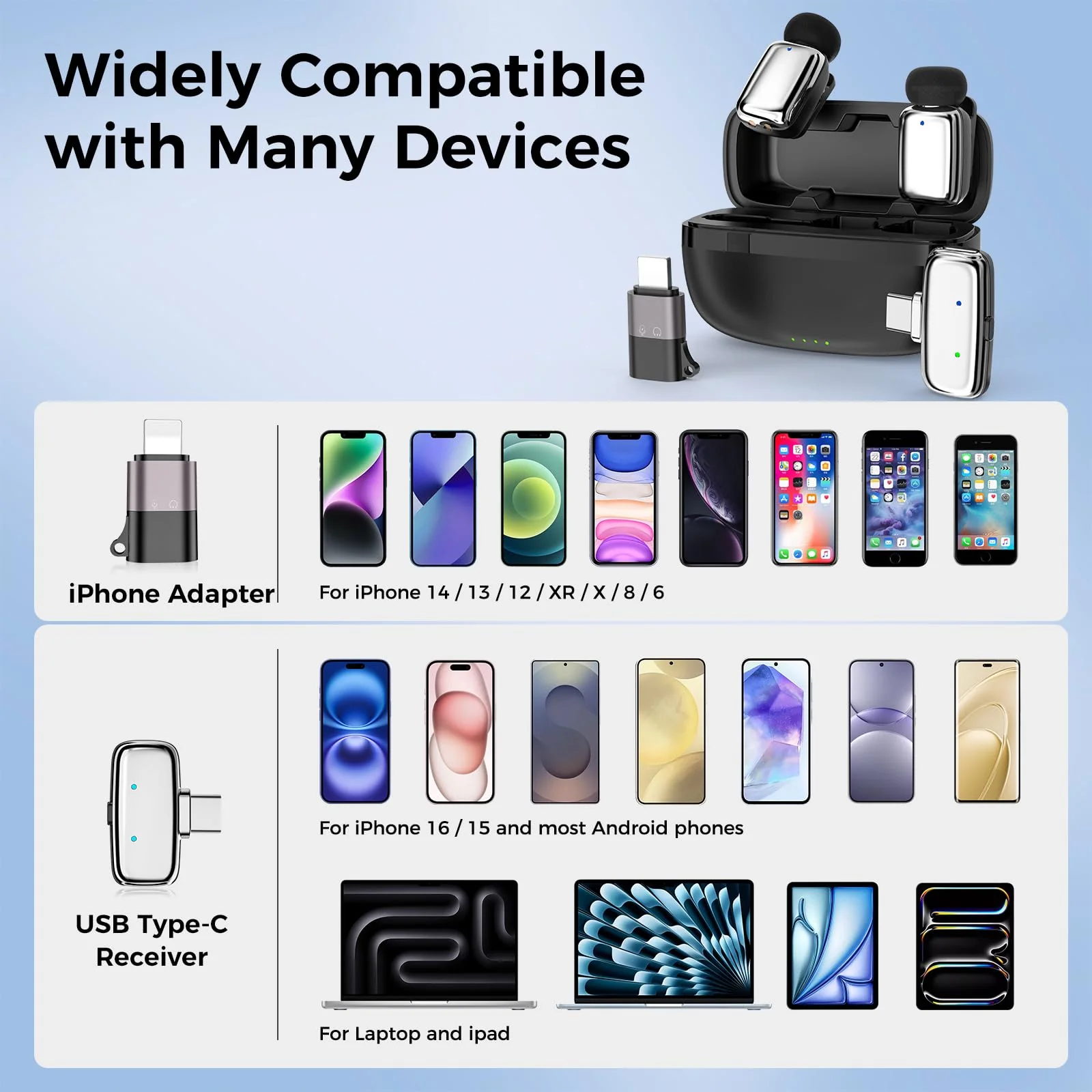 Wireless Mini Microphone for iPhone/Android/iPad-2 Pack Lavalier Lapel Microphone with Lightning,USB C Plug, Niose Reduction,Mute,Clip on mic for Video Recording,YouTube,Tiktok,Podcast,Vlog Silver - Image 5