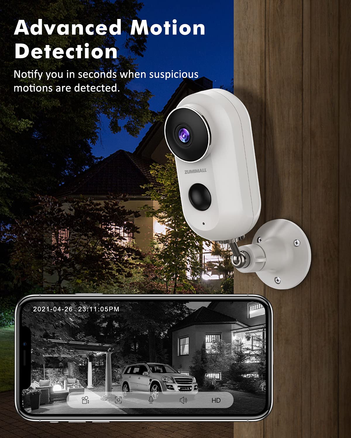 Wireless Rechargeable Battery Powered WiFi Camera, Home Security Camera, Night Vision, Indoor/Outdoor, 1080P Video with Motion Detection, 2-Way Audio, Waterproof, compatible with Cloud Storage/SD Slot White - Image 4