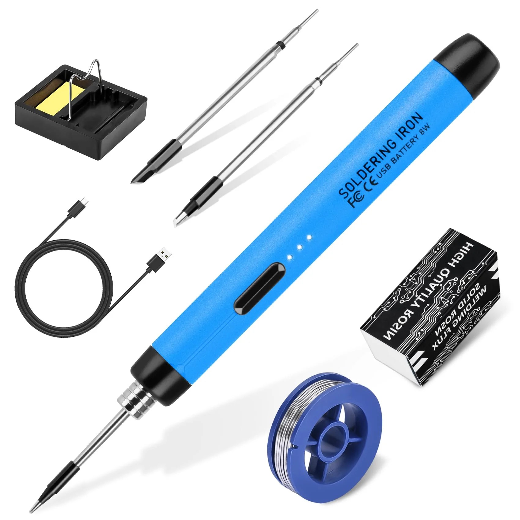 Wireless Soldering Iron Set - USB Soldering Iron with 3 Temperature Adjustable 300°C - 450°C, 3 Soldering Tips, Soldering Iron Stand, Soldering Wire, Soldering Paste, KKMOL Soldering Set for Repair of Blue