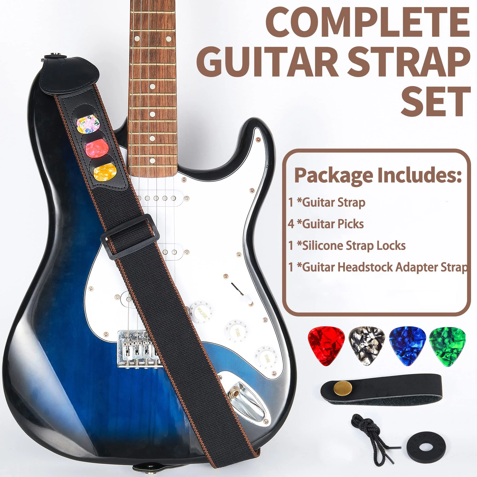 WOGOD Guitar Strap - Acoustic Electric Guitar Straps,Bass Guitar Strap with 3 Guitar Picks Holder Ends Guitar Strap With3 Pick Holder-black - Image 2