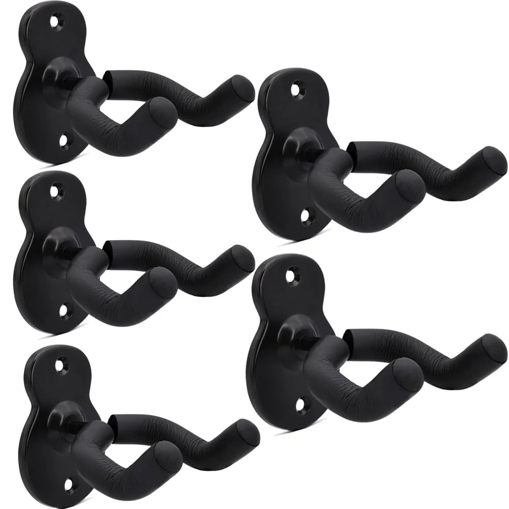 WOGOD Guitar Wall Mount Hanger Hook Holder Stand 5 Pack Guitar Hangers for Ukulele Acoustic Electric and Bass(Guitar Style Black - 5 Pack)