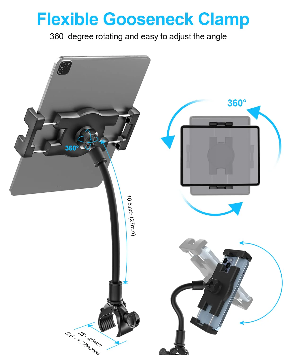 woleyi Gooseneck Tablet Holder for Spin Bike, Peloton Tablet Mount Exercise Bike Handlebar Stand for Stationary Bicycle, Treadmill, Stroller, Elliptical for iPad Pro Air Mini, Galaxy, 4.7-13" Devices - Image 4