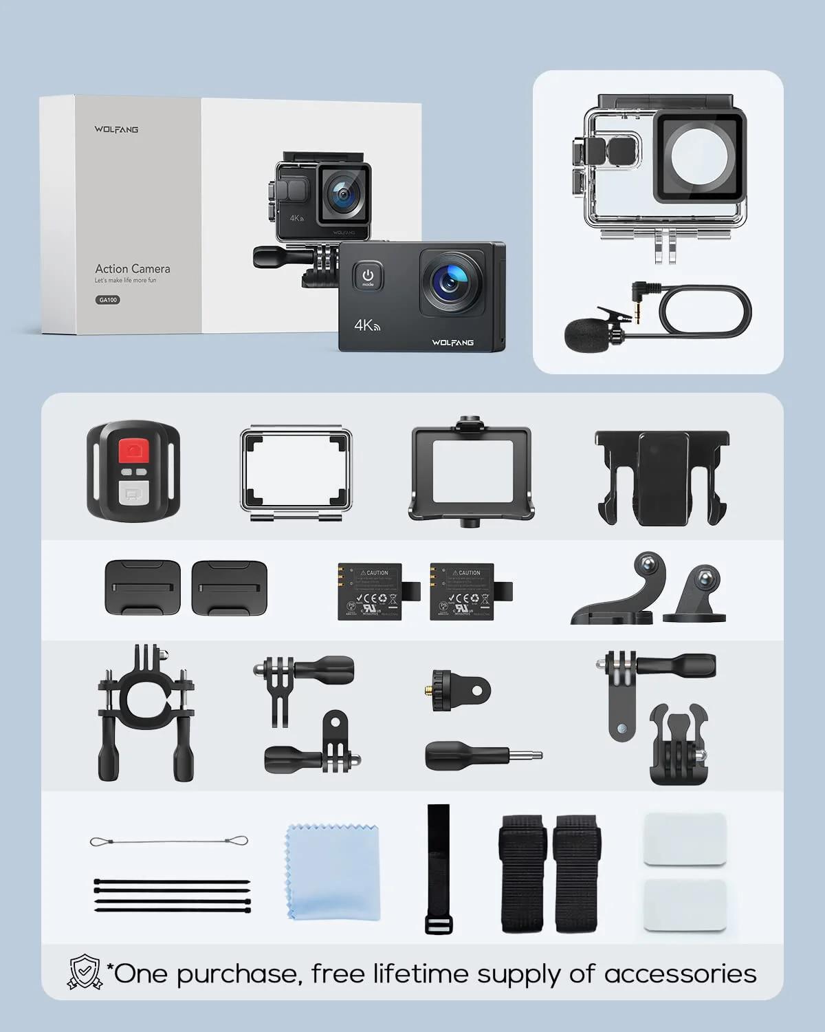 WOLFANG Action Camera 4K 20MP GA100, Waterproof 40M Underwater Camera for Snorkeling, EIS Stabilization WiFi 170° Wide Angle Helmet Camera for Vlogging with External Microphone, Remote Control - Image 8