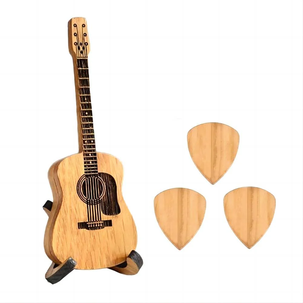 Wooden Guitar Pick Box with Stand,3PCS Unique Guitar Picks,Guitar Pick Holder Box,Musician Engraved Wooden Plectrum Case,Acoustic Guitar Box for Electric Bass Guitar Ukulele Lover