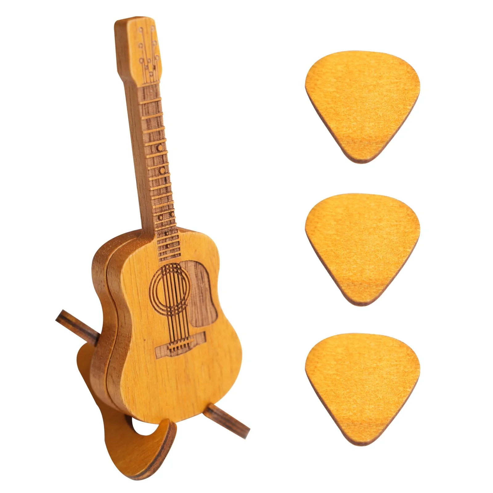 Wooden guitar pick case, with stand, wooden acoustic guitar pick box,3 wooden guitar picks, guitar shape replica guitar pick case, suitable for bass guitar ukulele lovers guitar pick case.