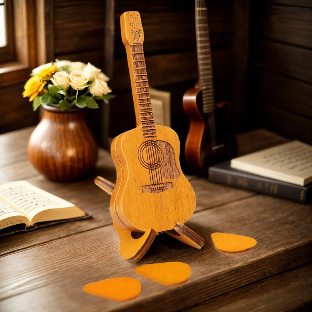 Wooden guitar pick case, with stand, wooden acoustic guitar pick box,3 wooden guitar picks, guitar shape replica guitar pick case, suitable for bass guitar ukulele lovers guitar pick case. - Image 3