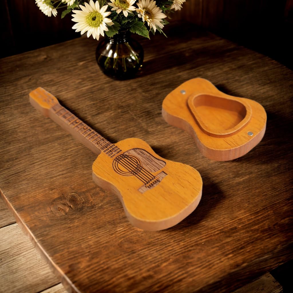 Wooden guitar pick case, with stand, wooden acoustic guitar pick box,3 wooden guitar picks, guitar shape replica guitar pick case, suitable for bass guitar ukulele lovers guitar pick case. - Image 4
