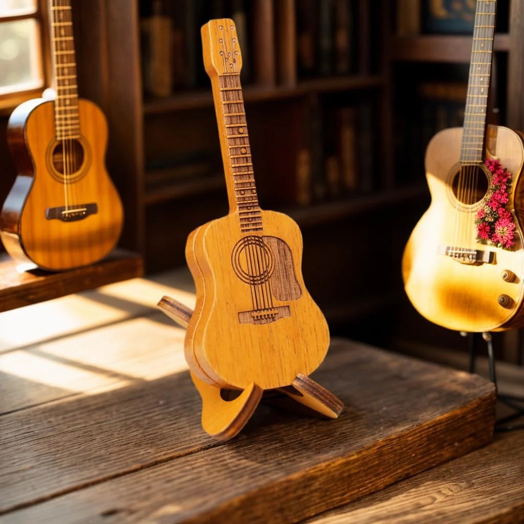 Wooden guitar pick case, with stand, wooden acoustic guitar pick box,3 wooden guitar picks, guitar shape replica guitar pick case, suitable for bass guitar ukulele lovers guitar pick case. - Image 6