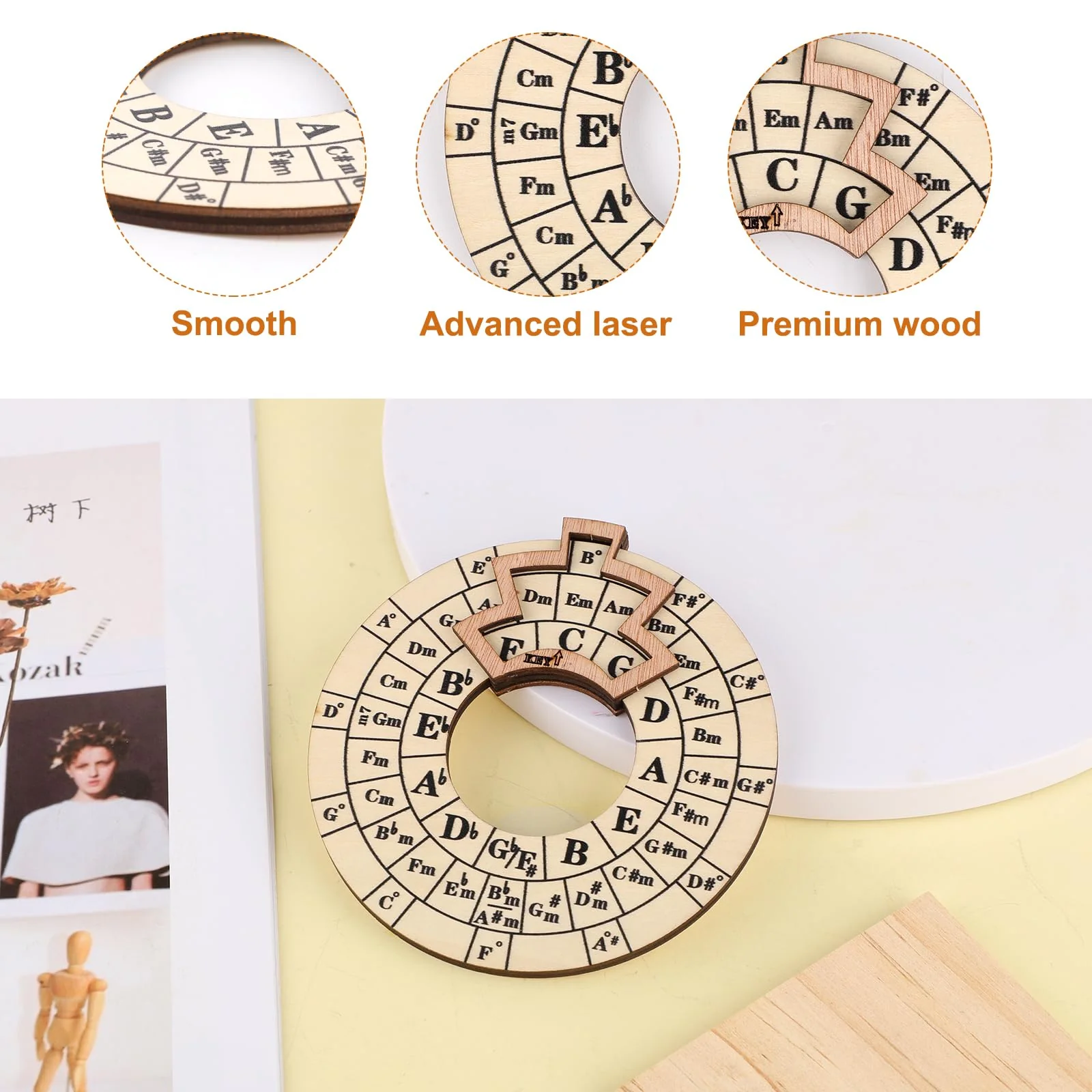 Wooden Melody Tool, Round Circle of Fifths Wheel Melody Chord Tool Music Transpose Accessories Wooden Chord Wheel for Musicians Musical Beginners Songwriters for Notes Chords Key Signature - Image 3