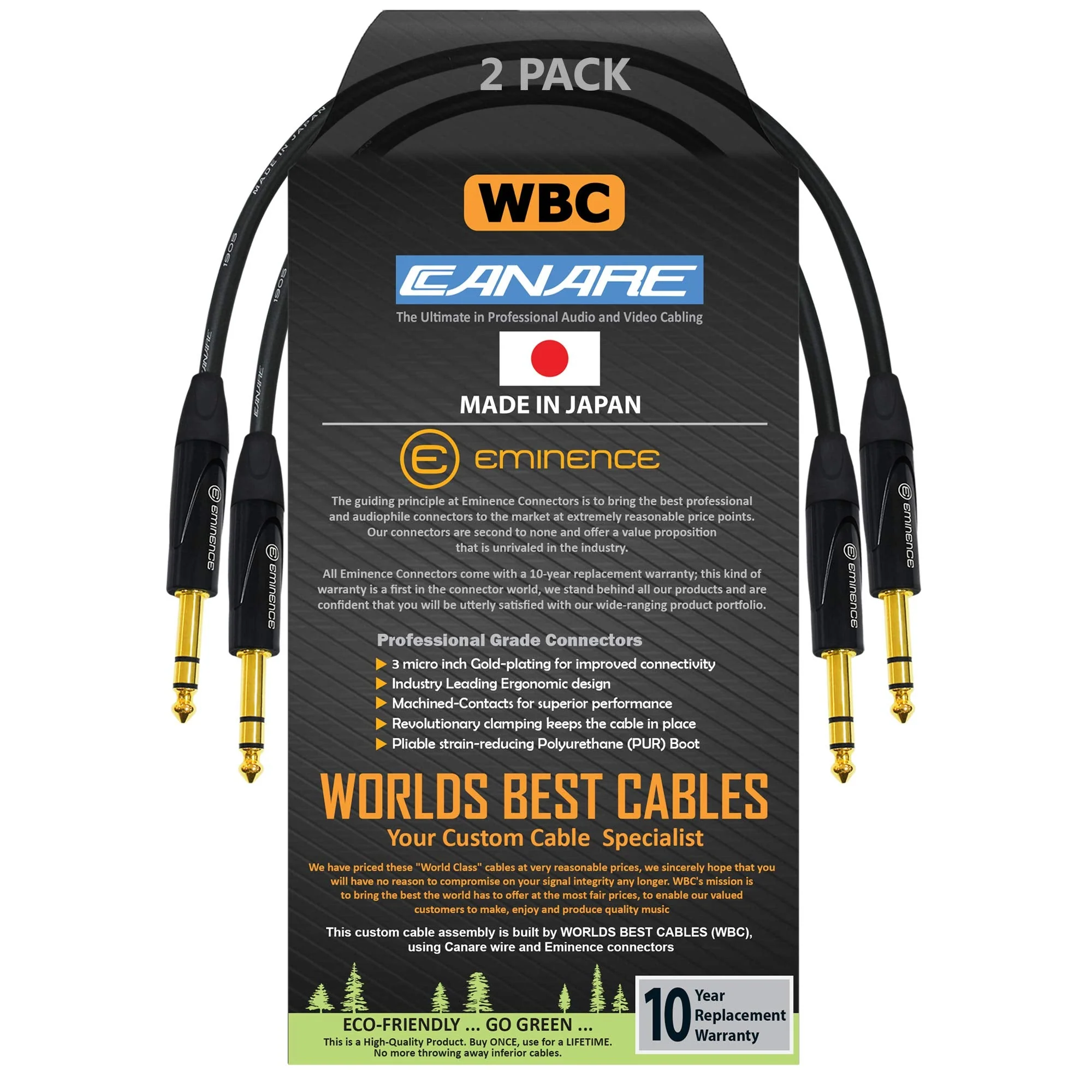 WORLDS BEST CABLES 2 Units - 1 Foot - Canare L-4E6S, Star Quad Balanced TRS Patch Cable with Eminence Gold E502 TRS Stereo Plugs - Custom Made