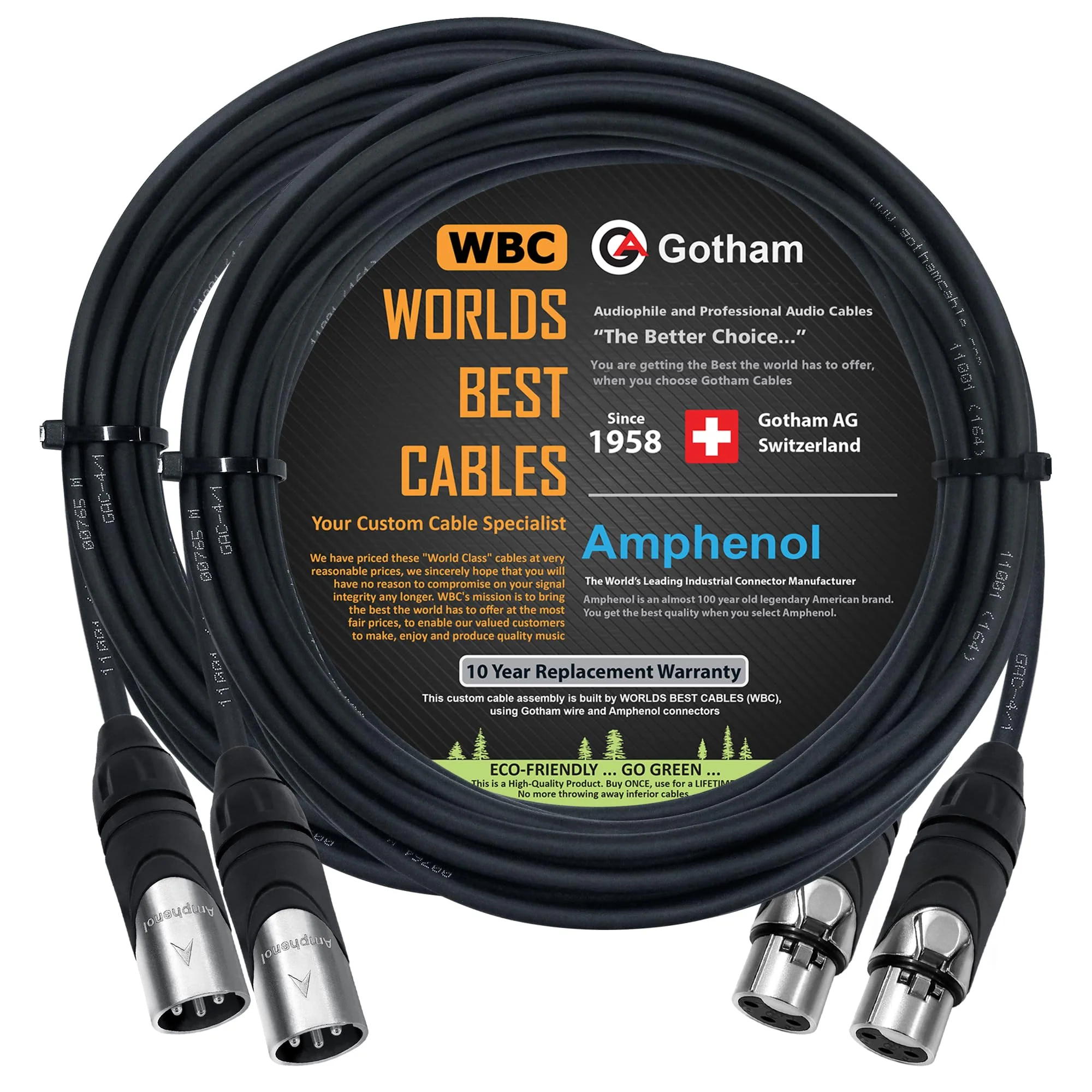 WORLDS BEST CABLES 2 Units - 20 Foot - Gotham GAC-4/1 (Black) - Star Quad, Dual Shielded Balanced Male to Female Microphone Cables with Amphenol AX3M & AX3F Silver XLR Connectors - Custom Made